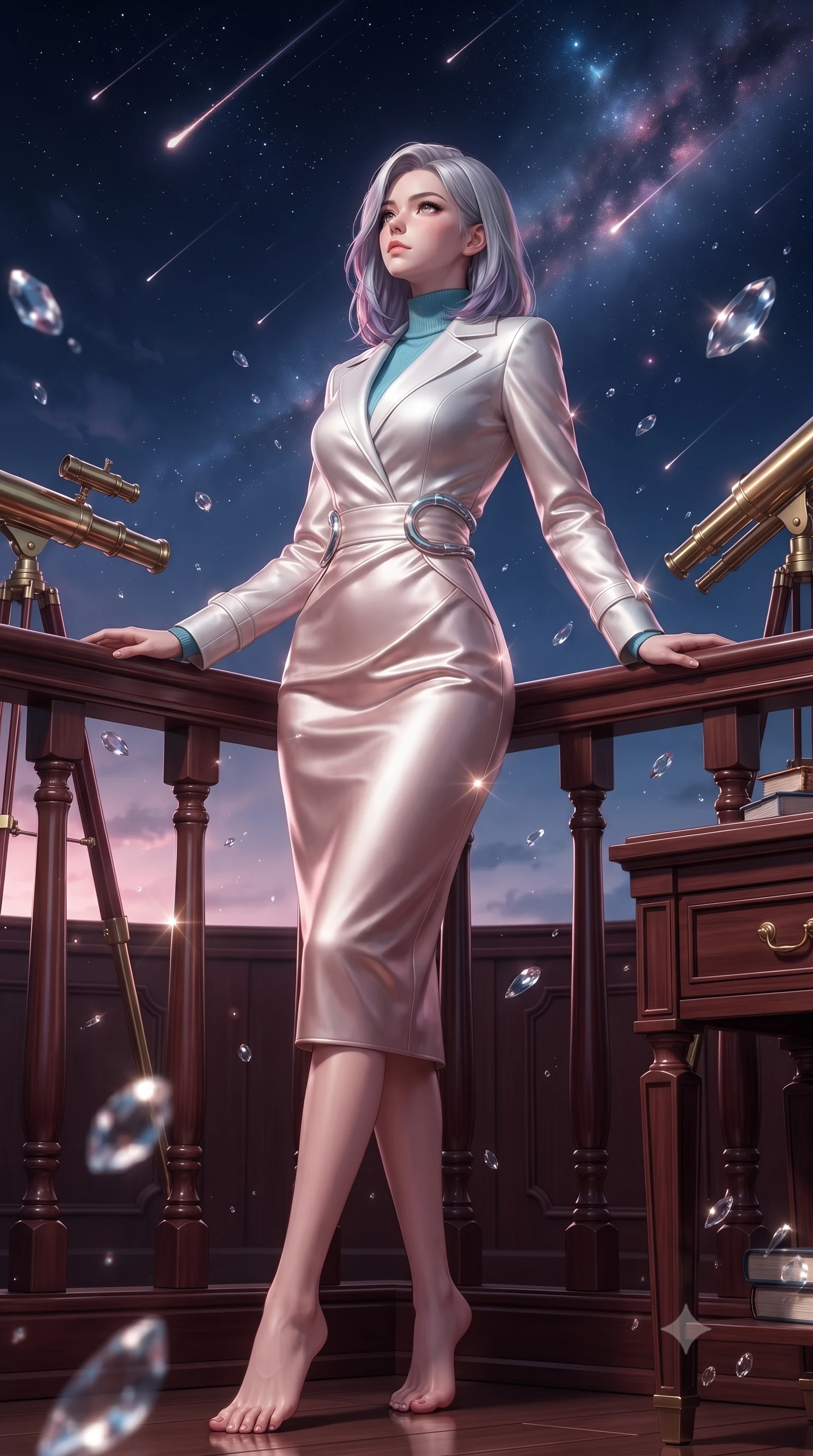 score_9, masterpiece, best quality, ultra-detailed, high-budget anime keyframe, editorial fashion photography, tasteful artistic composition, Caucasian woman. low angle full-body shot from head to toe showing her feet, filling the entire 9:16 vertical frame with her statuesque presence, stretching her vertical silhouette. forging confidently through the floating crystal mist, holding a poised statuesque stance, resting against a mahogany balustrade under a sky full of falling meteors, polished brass telescope and mahogany furniture glinting under key light. She has an absolutely perfect, statuesque 8.5-heads proportion, an exceptionally tall and slender model-like female figure with impossibly long slender legs and an ultra-slim waist. sharp v-shaped jawline, high-bridge nose, intricate jewel-like eyes with depth, thick eyelashes, glossy lips with a natural sheen. wearing structured pearl-white trench dress over sleek turtleneck in sky blue turquoise, made of soft rose-gold satin, accented with sculpted opal chrome rings at the waist, following her slender form with tailored precision. bathed in deep navy and galaxy pink ambient lighting. ultra-reflective glossy finish, specular highlights, metallic sheen, high-contrast stereoscopic depth, volumetric dynamic lighting, 2k, ultra detail, master piece, 9:16 ratio
