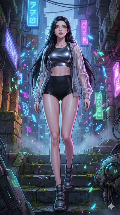 score_9, masterpiece, best quality, ultra-detailed, high-budget anime movie keyframe, cinematic anime lighting, intricate line art, Korean woman. Low angle cowboy shot filling the entire 9:16 frame with her statuesque presence. exploring lost ruins i