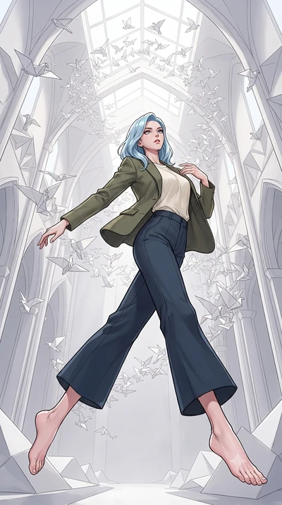score_9, masterpiece, best quality, ultra-detailed, high-budget anime keyframe, gorgeous anime illustration, with clean line-art and distinct ink outlines, Korean woman. low angle full-body shot from head to toe showing her feet, filling the entire 9
