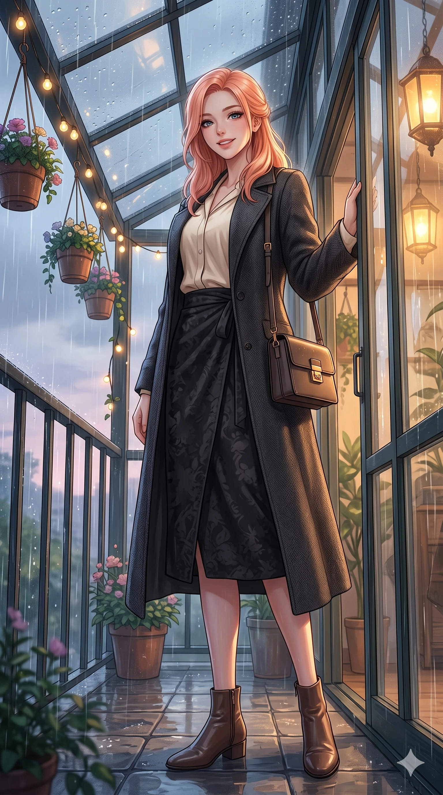 score_9, masterpiece, best quality, ultra-detailed, high-budget anime keyframe, vibrant anime aesthetic, Japanese woman. low angle full-body shot from head to toe showing her feet, filling the entire 9:16 vertical frame with her statuesque presence, stretching her vertical silhouette. She is posing near glass greenhouse panels, smiling delightfully over her shoulder, gazing softly at the camera lens surrounded by fresh morning mist. on a glass-roofed balcony decorated with hanging flower pots and warm fairy lights, under a steady rainfall (Code-P22-038). She has an absolutely perfect 8-heads proportion, an exceptionally tall and slender female figure with impossibly long slender legs and an ultra-slim waist. V-shaped jawline, high-bridge nose, intricate jewel-like eyes with depth, thick eyelashes, glossy lips with a natural sheen. wearing a long wool coat over a chic blouse and a matching wrap skirt with a designer bag. She is bathed in soft twilight glow mixed with warm lantern lights, highlighting her V-shaped jawline during a refreshing sun shower. 2k, ultra detail, master piece, 9:16 ratio