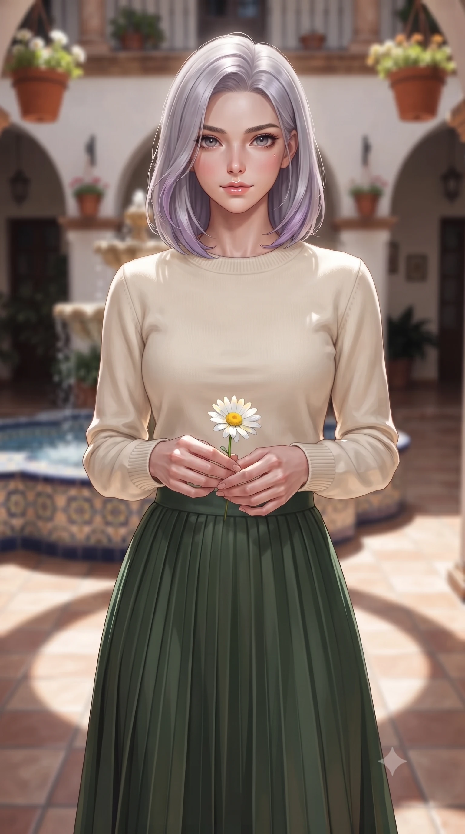 score_9, masterpiece, best quality, ultra-detailed, high-budget anime keyframe, editorial fashion photography, tasteful artistic composition, Caucasian woman woman. close-up cowboy shot from the waist and thighs up, the character dominates the composition, filling the frame with her large presence, background elements kept in soft focus. gazing directly at the viewer with a calm and welcoming expression, holding a fresh flower the background shows a soft-focus a central courtyard with a tiled fountain, arches, and hanging flower pots. She has an exceptionally elegant, slender, and willowy female figure with an ultra-slim waist, a gracefully sculpted slender torso, and a refined silhouette. sharp v-shaped jawline, high-bridge nose, intricate jewel-like eyes with depth, thick eyelashes, glossy lips with a natural sheen. wearing a tailored comfortable cotton crewneck sweater in cream, paired with a pleated dark green midi skirt. bright afternoon sunbeams casting high-contrast arch shadows on the tiled floor. ultra-reflective glossy finish, specular highlights, metallic sheen, high-contrast stereoscopic depth, volumetric dynamic lighting, 2k, ultra detail, master piece, 9:16 ratio