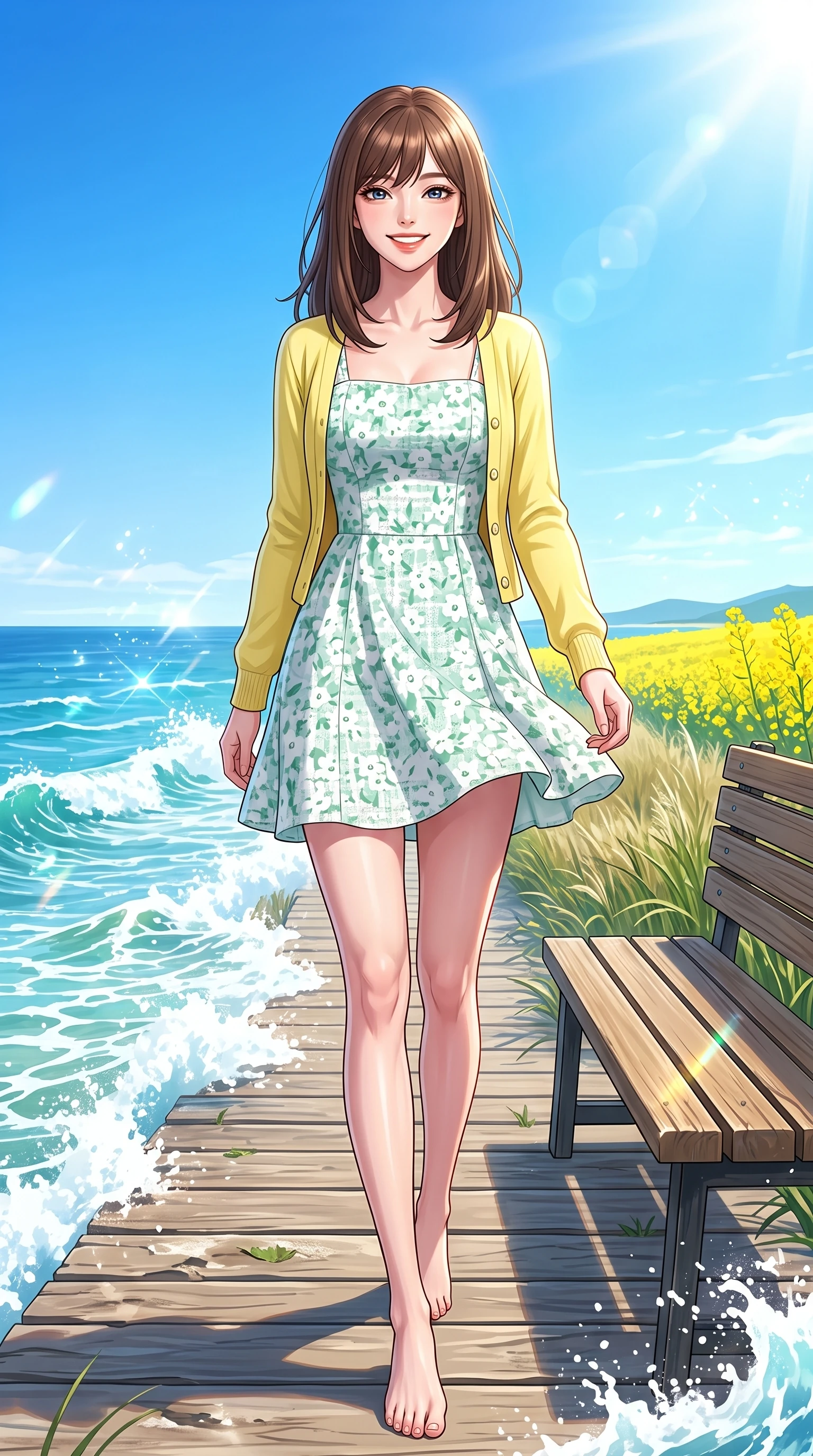score_9, masterpiece, best quality, ultra-detailed, high-budget anime keyframe, editorial fashion photography, tasteful artistic composition, Korean woman. low angle full-body shot from head to toe showing her feet, filling the entire 9:16 vertical frame with her statuesque presence, stretching her vertical silhouette. walking forward in a proud dynamic stride with a cheerful beaming smile, her vertical silhouette filling the frame while sitting playfully on a wooden bench surrounded by yellow canola flower fields with a radiant beaming smile. The surrounding environment is rendered in vivid detail and crisp panoramic clarity. vibrant sea foam crests, coastal boardwalk wooden planks, and crisp blue skies in panoramic clarity. She has an absolutely perfect, statuesque 8.5-heads proportion, an exceptionally tall and slender model-like female figure with impossibly long slender legs and an ultra-slim waist. sharp v-shaped jawline, high-bridge nose, intricate jewel-like eyes with depth, thick eyelashes, glossy lips with a natural sheen, flawlessly proportioned anatomical accuracy, natural body alignment, perfectly sculpted elegant limbs, clean dynamic posture without body distortion. wearing a fresh lemon-yellow cardigan over a white floral print slip dress in refreshing mint green and crisp white, tailored from soft pastel tweed with subtle metallic thread, featuring elegant flutter sleeves and a graceful square neckline, the breezy lightweight fabric fluttering softly against her delicate frame. bathed in brilliant tropical sunshine and glittering ocean water refractions. highly saturated vibrant anime colors, detailed shading with soft gradients, rich glossy textures, high-contrast stereoscopic depth, volumetric dynamic lighting, master piece, 9:16 ratio
