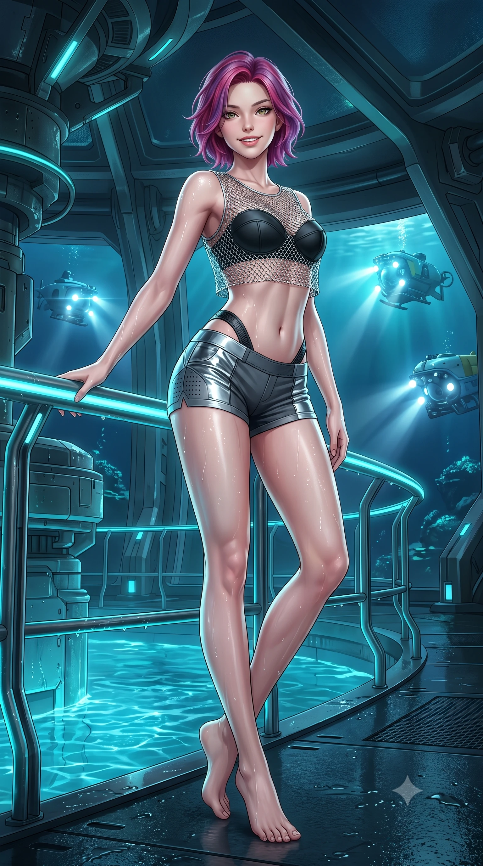 score_9, masterpiece, best quality, ultra-detailed, high-budget anime keyframe, semi-realistic 3D game render, editorial fashion photography, tasteful artistic composition, Caucasian woman. low angle full-body shot from head to toe showing her feet, filling the entire 9:16 vertical frame with her statuesque presence, stretching her vertical silhouette. standing in a tall, confident posture with one hand on a glowing metal railing, stretching her statuesque body as she arches her lower back to emphasize her sculpted feminine hips and slender waist while twisting her slender torso in an alluring contrapposto stance, deep-sea bioluminescence playing across her narrow waist and rounded hips. The surrounding environment is rendered in vivid detail and crisp panoramic clarity: detailed compression suit sheen, water caustic reflections on skin, and deep-sea habitat architecture in razor-sharp precision. She has an absolutely perfect, statuesque 8.5-heads proportion, an exceptionally tall and slender model-like female figure with impossibly long slender legs, an ultra-slim waist, a flat toned midriff, narrow delicate ribcage, and beautifully sculpted feminine hips creating a graceful, slim hourglass silhouette without any bulky heaviness. sharp v-shaped jawline, high-bridge nose, intricate jewel-like sparkling eyes with depth, thick eyelashes, glossy parted lips with a natural sheen, bright confident smile with an enchanting and coquettish sensual glint, exuding both youthful magnetic charm and sovereign high-tech allure, flawlessly proportioned anatomical accuracy, strict slender model proportions, natural body alignment, perfectly sculpted long slender limbs, ultra-slim waistline, clean dynamic posture without body distortion. wearing a delicate silver chainmail mesh crop top layered over a sculpted matte black bandeau with low-rise combat shorts in reflective liquid mercury and matte phantom grey, made of high-grade ballistic nylon with precision laser-cut perforations, finished with delicate carbon-fiber boning framing the narrow waistline, the form-fitting tactical tailoring adhering flawlessly to her sculpted flat midriff and slender torso, emphasizing her long leg lines and perfectly proportioned willowy build. illuminated by external submarine floodlights and sharp cyan rim lights carving her razor-sharp jawline, narrow waist, and curvy hips. highly saturated vibrant anime colors, detailed shading with soft gradients, rich glossy textures, high-contrast stereoscopic depth, volumetric dynamic lighting, master piece, 9:16 ratio
