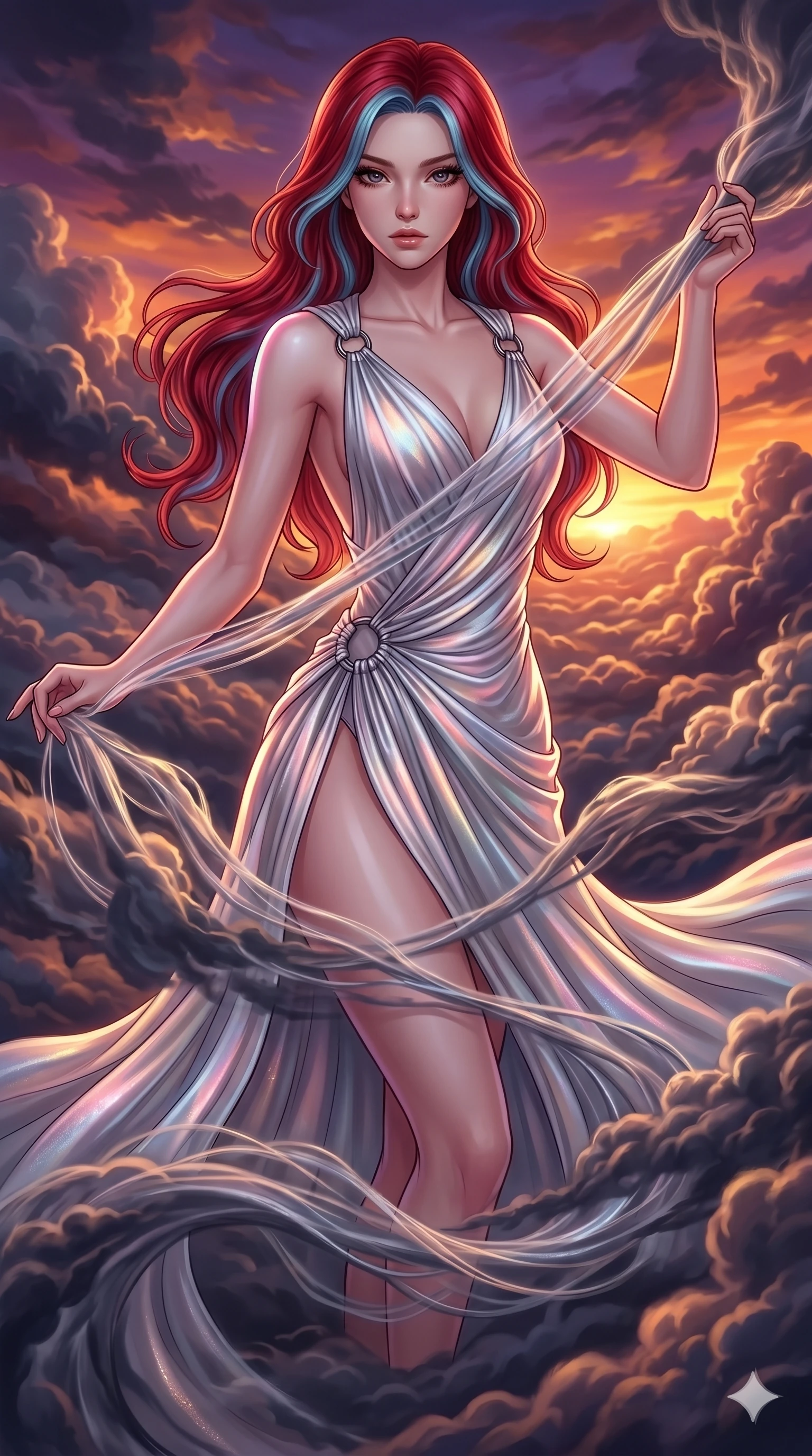 score_9, masterpiece, best quality, ultra-detailed, high-budget anime keyframe, Caucasian woman, strictly human ears. upper body close-up from the thighs up, character filling the screen for maximum presence. threading through a volumetric cloud weave where storm clouds are spun like silk thread under a dramatic sunset glow. She has an absolutely perfect 8-heads proportion, an exceptionally tall and slender female figure with impossibly long slender legs and an ultra-slim waist. V-shaped jawline, high-bridge nose, intricate jewel-like eyes with depth, thick eyelashes, glossy lips with a natural sheen.. wearing a draped Grecian cyber-gown, featuring draped silver metallic chiffon held by metal ring hardware, displaying a high-leg line. enhanced by a luminous pastel spectrum glow, casting elegant rim lights on her shoulders and jawline. 2k, ultra detail, master piece, 9:16 ratio
