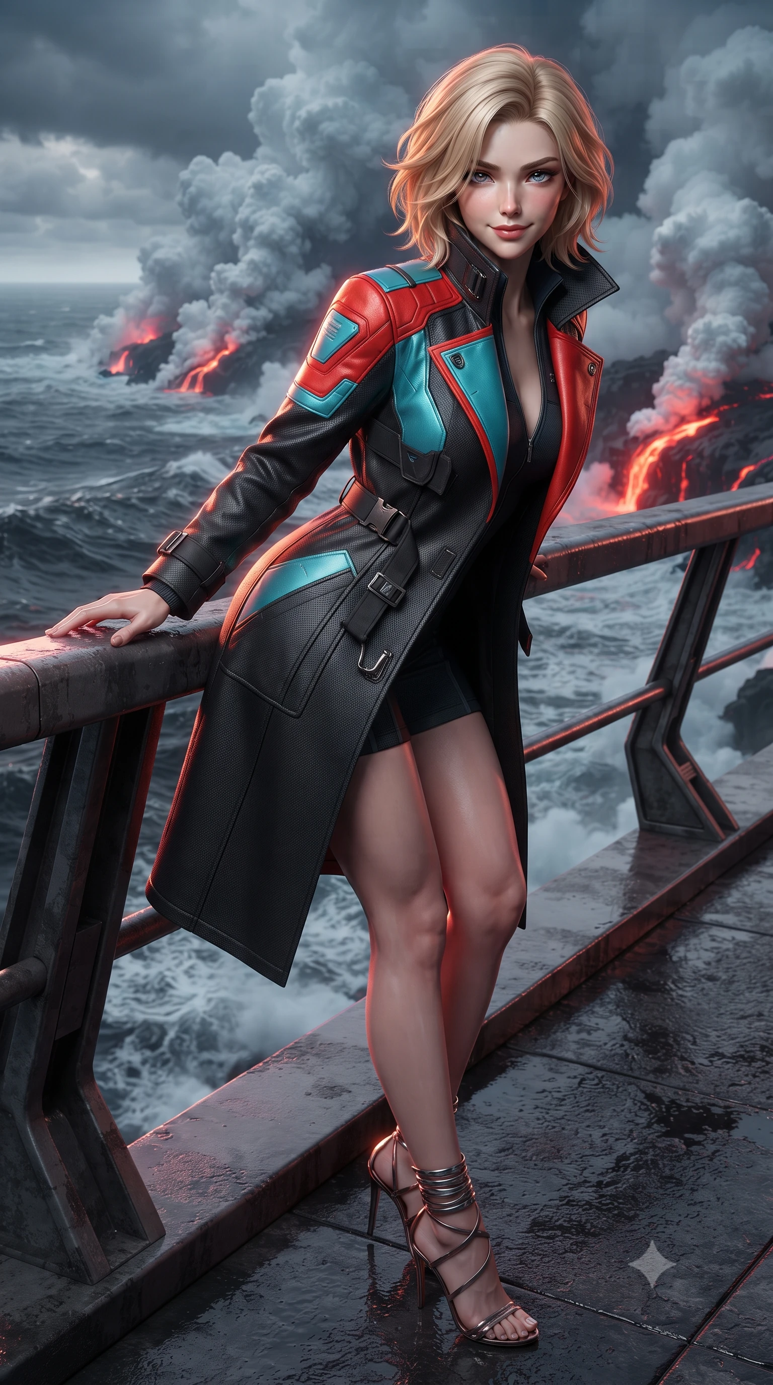 score_9, masterpiece, best quality, ultra-detailed, high-budget anime keyframe, editorial fashion photography, tasteful artistic composition, Caucasian woman. close-up cowboy shot from the waist and thighs up, the character dominates the composition, filling the frame with her large presence. leaning forward while arching her lower back to accentuate her curvy hips, looking into the camera with an intoxicating smoldering gaze and bedroom-eyes while standing poised on the heavy cantilevered steel balcony overlooking churning black ocean waves, arching her back with siren poise as glowing red lava flows meet the sea in colossal steam clouds. The surrounding environment is rendered in vivid detail and crisp panoramic clarity: detailed tactical coat tailoring, metallic hardware accents, and brutalist oceanic engineering in razor-sharp precision. She has an exceptionally elegant, slender, and willowy female figure with an ultra-slim waist, flat toned midriff, narrow ribcage, and sculpted feminine hips creating an alluring, slim hourglass silhouette without bulk. sharp v-shaped jawline, high-bridge nose, intricate jewel-like sparkling eyes with depth, thick eyelashes, glossy parted lips with a natural peach sheen, bright cheerful beaming smile with an enchanting and coquettish sensual glint, exuding both youthful cute charm and seductive allure, flawlessly proportioned anatomical accuracy, strict slender model proportions, natural body alignment, perfectly sculpted long slender limbs, ultra-slim waistline, clean dynamic posture without body distortion. wearing a bespoke tactical commander trench coat in matte carbon-weave with magnetic utility buckles, storm flaps, and high standing collar in cyber-shinto vermilion and laser turquoise, tailored from high-density tech-wool with subtle metallic thread weave, complemented by strappy stiletto sandals with metallic ankle wraps accentuating her slender calves, the bespoke structured tailoring following the natural line of her 8.5-heads silhouette with refined elegance. illuminated by wet basalt deck reflection bounce and sharp magma-orange rim lights sculpting her razor-sharp jawline, narrow waist, and curvy hips. ultra-reflective glossy finish, specular highlights, rich textural contrasts, high-contrast stereoscopic depth, volumetric dynamic lighting, 2k, ultra detail, master piece, 9:16 ratio