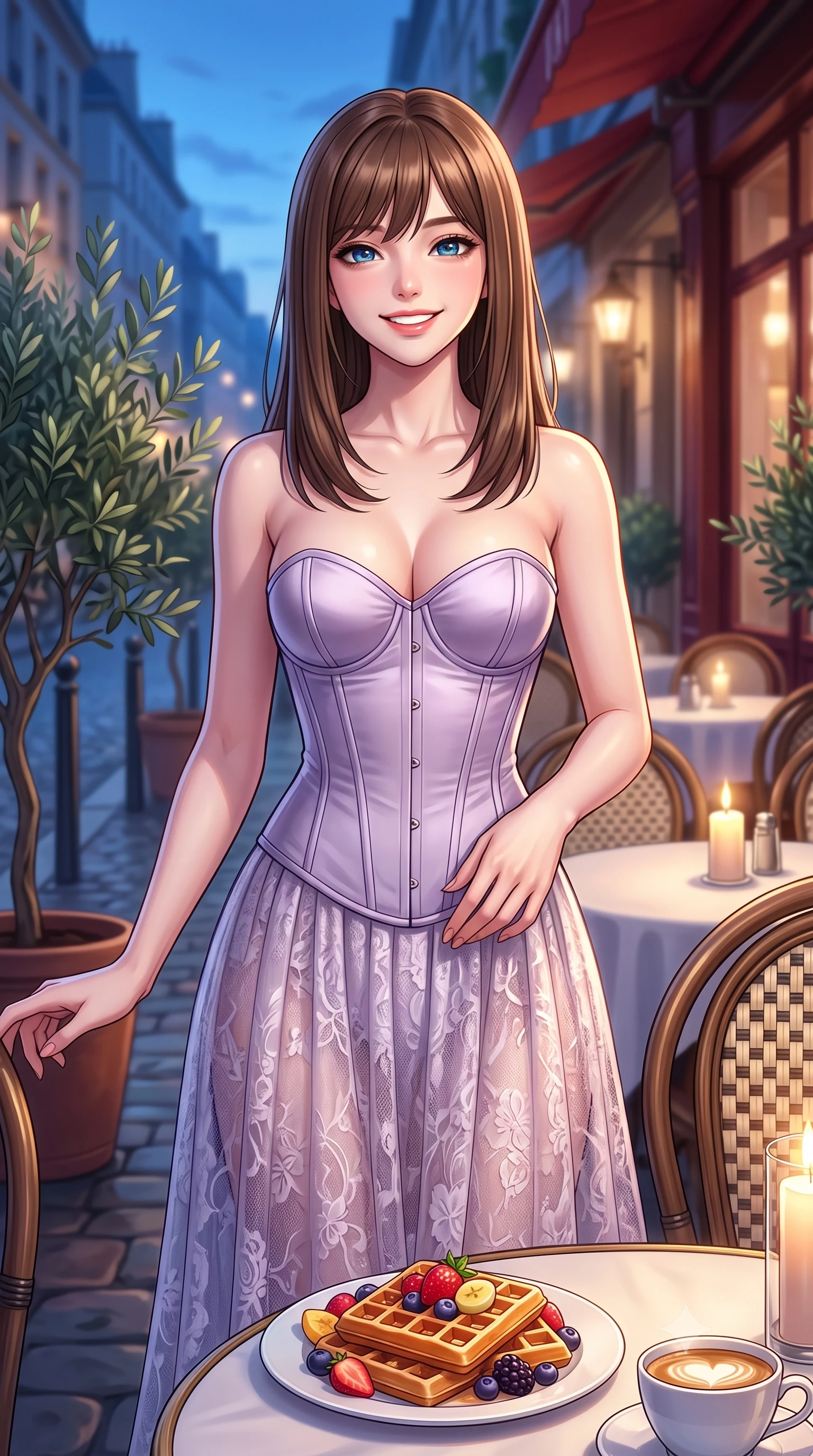 score_9, masterpiece, best quality, ultra-detailed, high-budget anime keyframe, editorial fashion photography, tasteful artistic composition, Korean woman. close-up cowboy shot from the waist and thighs up, the character dominates the composition, filling the frame with her large presence, background elements kept in soft focus. smiling with cute and bright self-assurance, looking directly at the viewer set against a soft-focus background of on a lively street-side bistro terrace next to potted olive trees with a plate of fresh fruit waffles and a cup of coffee on the table. She has an exceptionally elegant, slender, and willowy female figure with an ultra-slim waist, a gracefully sculpted slender torso, and a refined silhouette. sharp v-shaped jawline, high-bridge nose, intricate jewel-like eyes with depth, thick eyelashes, glossy lips with a natural sheen. wearing slim-fit tailored bustier corset in soft lavender silk with a semi-opaque lace long skirt. soft candle light clashing with the cool blue city twilight sky outside. highly saturated vibrant anime colors, detailed shading with soft gradients, rich glossy textures, high-contrast stereoscopic depth, volumetric dynamic lighting, master piece, 9:16 ratio