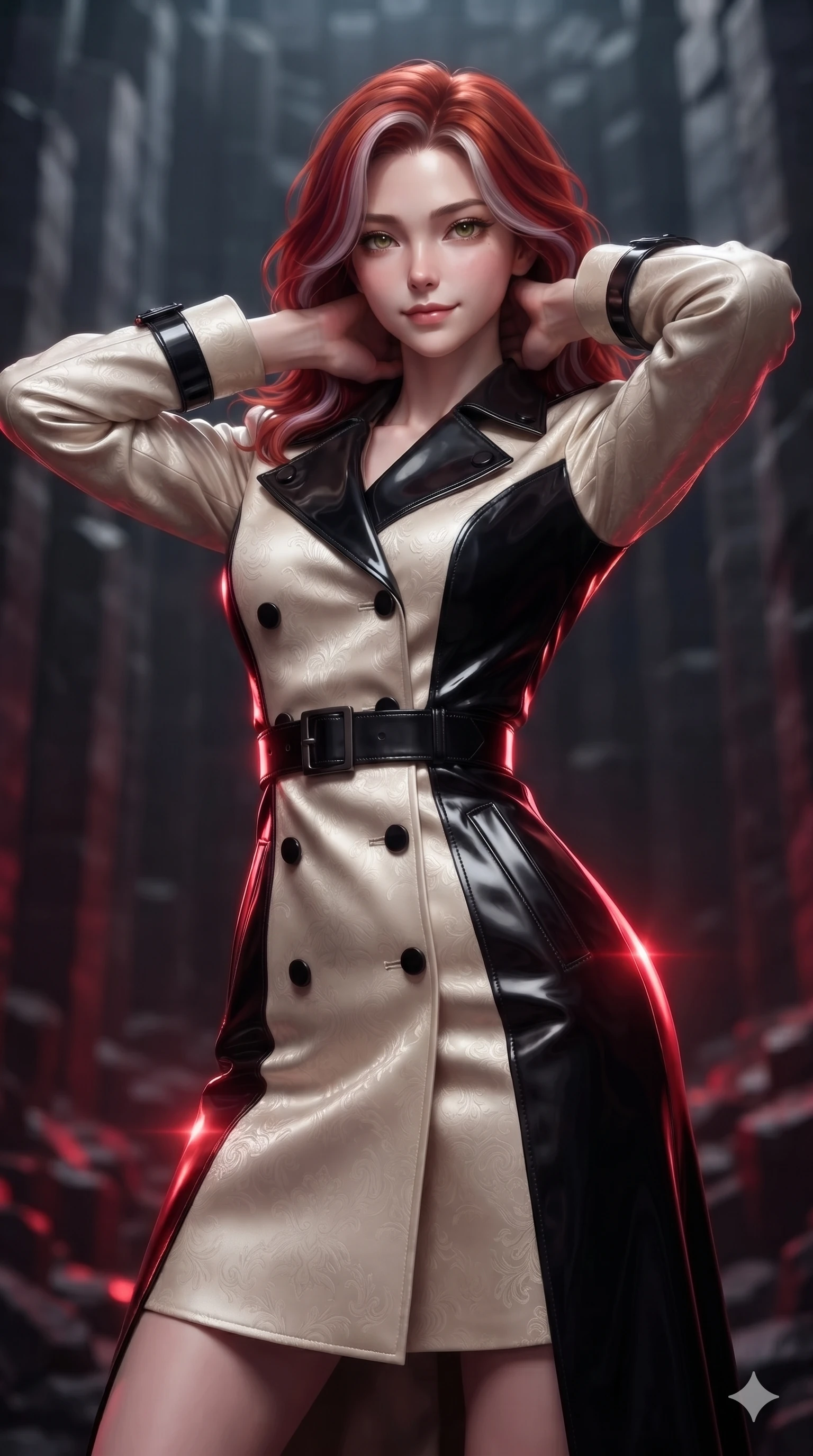 score_9, masterpiece, best quality, ultra-detailed, high-budget anime keyframe, editorial fashion photography, tasteful artistic composition, Caucasian woman. close-up cowboy shot from the waist and thighs up, the character dominates the composition, filling the frame with her large presence. resting both hands lightly behind her neck with elbows raised, arching her spine to highlight her narrow waist and flat midriff while twisting her slender torso in an alluring contrapposto stance among the stepped geometric pillars, red floor uplights tracing her flat midriff and hips. The background shows a soft-focus soaring vertical hexagonal basalt columns, dramatic subterranean chasms, and crimson floor light fissures blurred into ruby, charcoal, and black bokeh. She has an exceptionally elegant, slender, and willowy female figure with an ultra-slim waist, flat toned midriff, narrow ribcage, and sculpted feminine hips creating an alluring, slim hourglass silhouette without bulk. sharp v-shaped jawline, high-bridge nose, intricate jewel-like dark sparkling eyes with hypnotic seductive depth, thick curled eyelashes, glossy parted lips with a natural wine sheen, alluring bedroom-eyes with an enigmatic smoldering smile, exuding magnetic sovereign charisma and dark avant-garde glamour, flawlessly proportioned anatomical accuracy, strict slender model proportions, natural body alignment, perfectly sculpted long slender limbs, ultra-slim waistline, clean dynamic posture without body distortion. wearing a structured double-breasted midnight trench coat dress with dark titanium buckle belt in celestial champagne ivory and high-gloss jet black, tailored from rich silk jacquard with subtle embossed baroque patterns, adorned with minimalist black onyx hardware framing the silhouette, the bespoke structured tailoring following the natural line of her 8.5-heads silhouette with refined elegance. bathed in sharp crimson laser floor uplights cutting through cold cavern shadows. ultra-reflective glossy finish, specular highlights, metallic sheen, high-contrast stereoscopic depth, volumetric dynamic lighting, 2k, ultra detail, master piece, 9:16 ratio