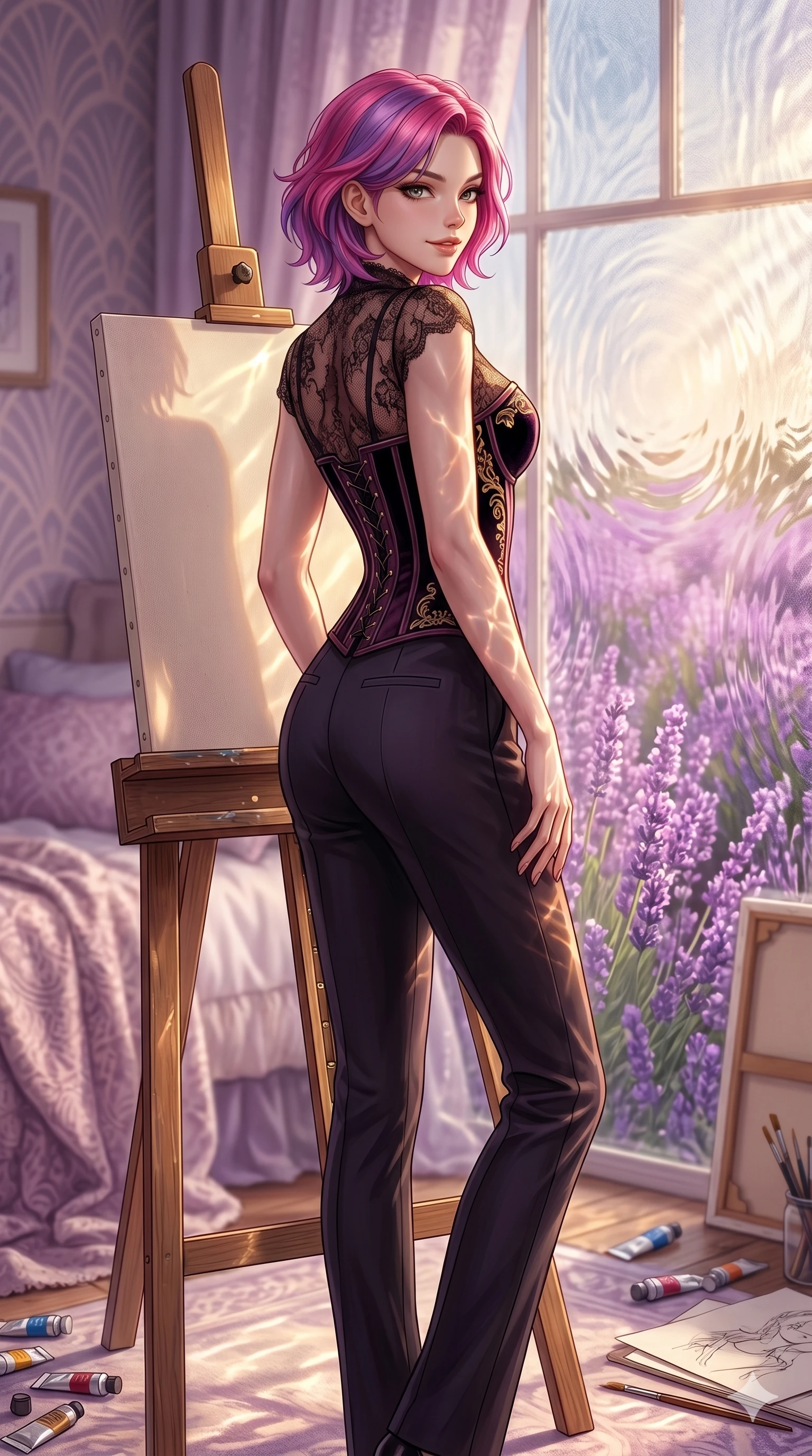 score_9, masterpiece, best quality, ultra-detailed, high-budget anime keyframe, editorial fashion photography, tasteful artistic composition, Caucasian woman, strictly human ears. cowboy shot from the thighs up, character and outfit filling the frame for maximum editorial presence. leaning against an easel, looking over her shoulder with a teasing half-smile inside a private bedroom overlooking lavender (Code-P17-167). She has an absolutely perfect 8-heads proportion, an exceptionally tall and slender female figure with impossibly long slender legs and an ultra-slim waist. V-shaped jawline, high-bridge nose, intricate jewel-like eyes with depth, thick eyelashes, glossy lips with a natural sheen. wearing a dark velvet corset combined with a sheer lace top. warm afternoon sunbeams reflecting off the water ripples, tracing her athletic build. 2k, ultra detail, master piece, 9:16 ratio