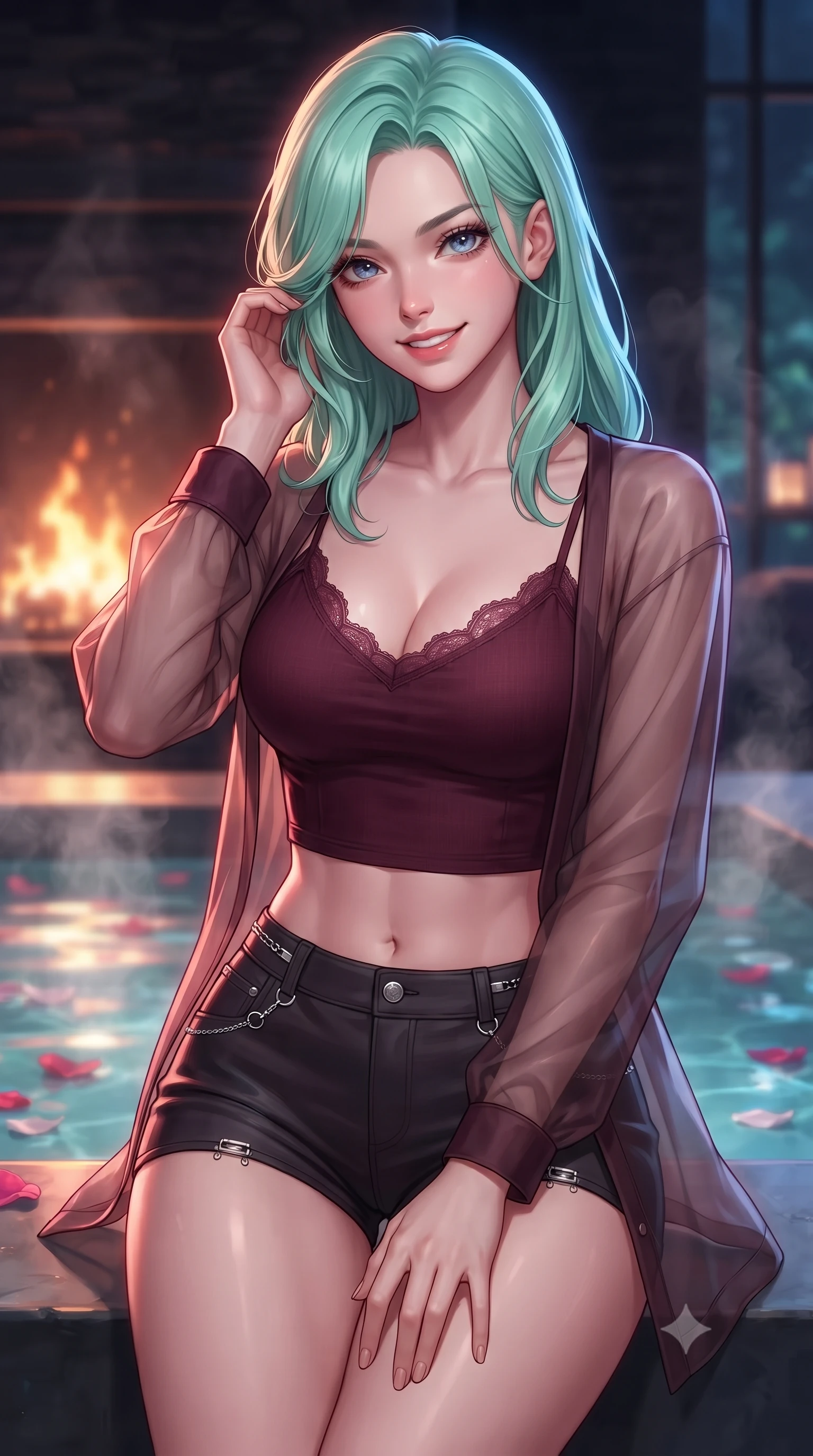 score_9, masterpiece, best quality, ultra-detailed, high-budget anime keyframe, editorial fashion photography, tasteful artistic composition, Japanese woman. close-up cowboy shot from the waist and thighs up, the character dominates the composition, filling the frame with her large presence, background elements kept in soft focus. flashing a warm, intoxicating grin while gently tucking a strand of hair behind her ear set against a soft-focus background of inside an exclusive fireplace lounge with rising mineral steam and floating flower petals on the clear water surface. She has an exceptionally elegant, slender, and willowy female figure with an ultra-slim waist, a gracefully sculpted slender torso, and a refined silhouette. sharp v-shaped jawline, high-bridge nose, intricate jewel-like eyes with depth, thick eyelashes, glossy lips with a natural sheen. wearing slim-fit deep burgundy soft linen delicate lace-trim crop top worn under a sheer organza cardigan with high-waist micro-shorts accented with delicate silver hardware. drenched in dramatic neon rim-lighting that traces the sleek contours of her figure. highly saturated vibrant anime colors, detailed shading with soft gradients, rich glossy textures, high-contrast stereoscopic depth, volumetric dynamic lighting, master piece, 9:16 ratio
