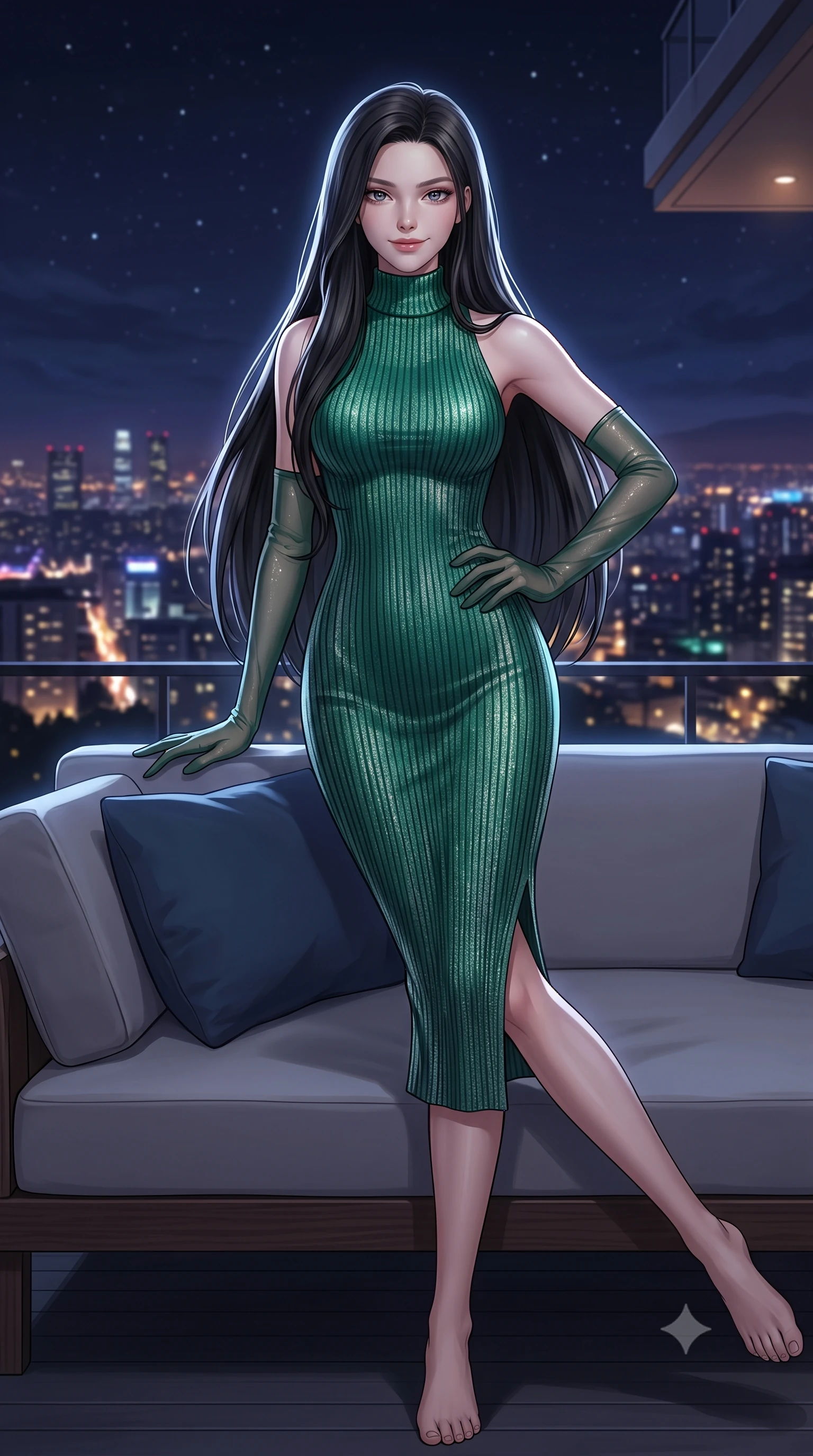 score_9, masterpiece, best quality, ultra-detailed, high-budget anime keyframe, semi-realistic 3D game render, editorial fashion photography, tasteful artistic composition, Korean woman. close-up cowboy shot from the waist and thighs up, the character dominates the composition, filling the frame with her large presence. tilting her head with a teasing half-smile, running one hand slowly down the side of her hip in a flirtatious S-curve as ambient light caresses her silhouette while lounging in the custom Italian outdoor daybed propped on one elbow with legs extended, her statuesque 8.5-heads silhouette dominating the nocturnal horizon. The surrounding environment is rendered in vivid detail and crisp panoramic clarity: detailed outfit tailoring, silhouette contours, and hillside architectural engineering in razor-sharp precision. She has an exceptionally elegant, slender, and willowy female figure with an ultra-slim waist, flat toned midriff, narrow ribcage, and sculpted feminine hips creating an alluring, slim hourglass silhouette without bulk. sharp v-shaped jawline, high-bridge nose, intricate jewel-like sparkling eyes with depth, thick eyelashes, glossy parted lips with a natural peach sheen, bright cheerful beaming smile with an enchanting and coquettish sensual glint, exuding both youthful cute charm and seductive allure, flawlessly proportioned anatomical accuracy, strict slender model proportions, natural body alignment, perfectly sculpted long slender limbs, ultra-slim waistline, clean dynamic posture without body distortion. wearing a form-fitting ribbed knit midi dress with high turtleneck hugging every contour of her hourglass frame in Art Nouveau malachite green and antique starlight silver, woven from stretch metallic lurex jersey casting radiant starlight glints across her curves, complemented by sheer opera-length evening gloves tracing her slender arms, the form-contouring silhouette accentuating her sculpted flat midriff, narrow delicate ribcage, and gracefully curvy hips with intoxicating allure. illuminated by city glow upward fill and sharp platinum rim lights sculpting her features, flat midriff, and curvaceous hips. highly saturated vibrant anime colors, detailed shading with soft gradients, rich glossy textures, high-contrast stereoscopic depth, volumetric dynamic lighting, master piece, 9:16 ratio