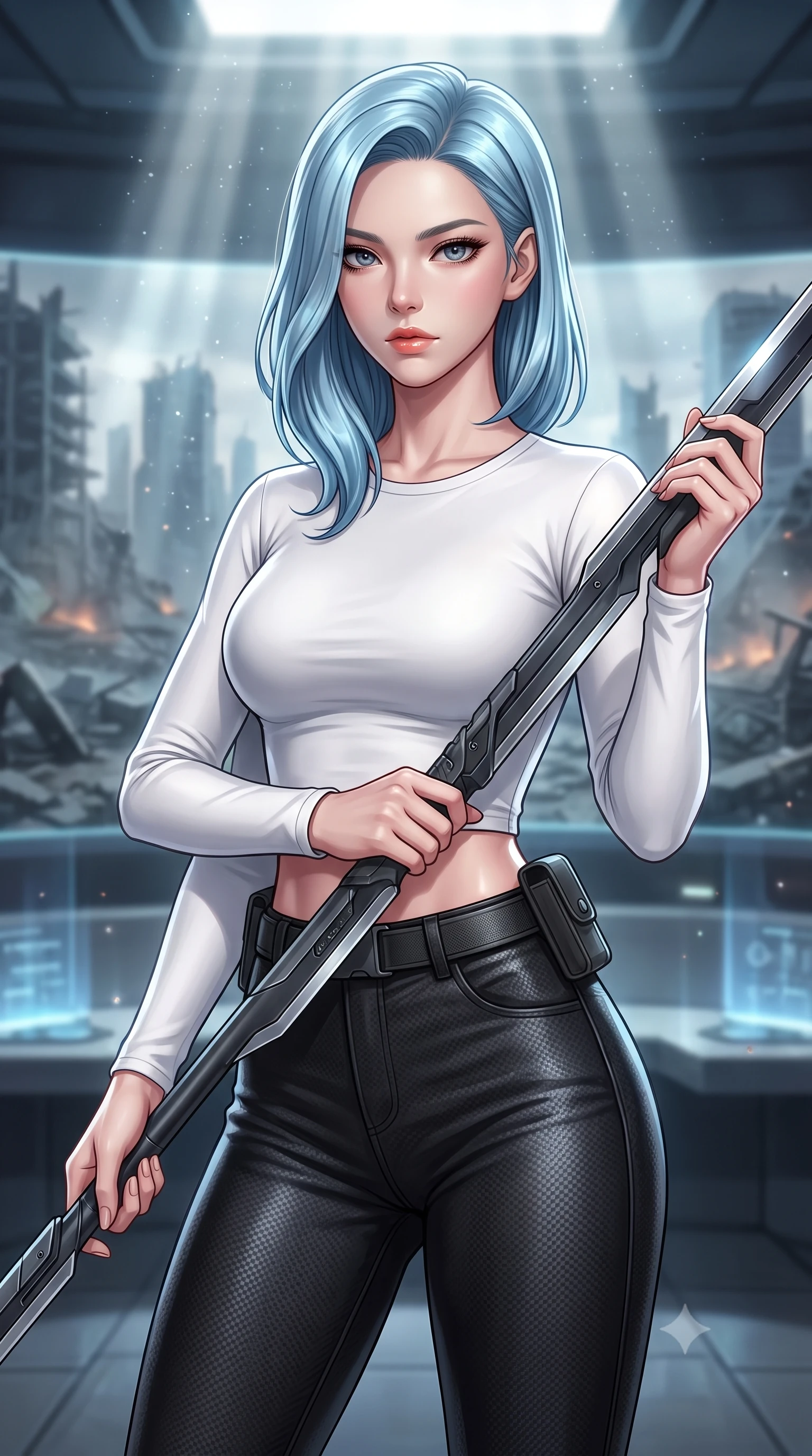 score_9, masterpiece, best quality, ultra-detailed, high-budget anime keyframe, editorial fashion photography, tasteful artistic composition, Korean woman. close-up cowboy shot from the waist and thighs up, the character dominates the composition, filling the frame with her large presence, background elements kept in soft focus. holding a deactivated nanotech glaive, looking past the camera with quiet, sharp focus and a composed expression, the background shows a soft-focus a simulation deck showing a virtual battlefield in a ruined futuristic city. She has an exceptionally elegant, slender, and willowy female figure with an ultra-slim waist, a gracefully sculpted slender torso, and a refined silhouette. sharp v-shaped jawline, high-bridge nose, intricate jewel-like eyes with depth, thick eyelashes, glossy lips with a natural sheen. wearing a tailored body-hugging long-sleeve tactical crop top in pure white, paired with high-waisted black carbon-weave skinny pants. dramatic volumetric sunbeams slicing through digital dust, creating light rays. highly saturated vibrant anime colors, detailed shading with soft gradients, rich glossy textures, high-contrast stereoscopic depth, volumetric dynamic lighting, master piece, 9:16 ratio