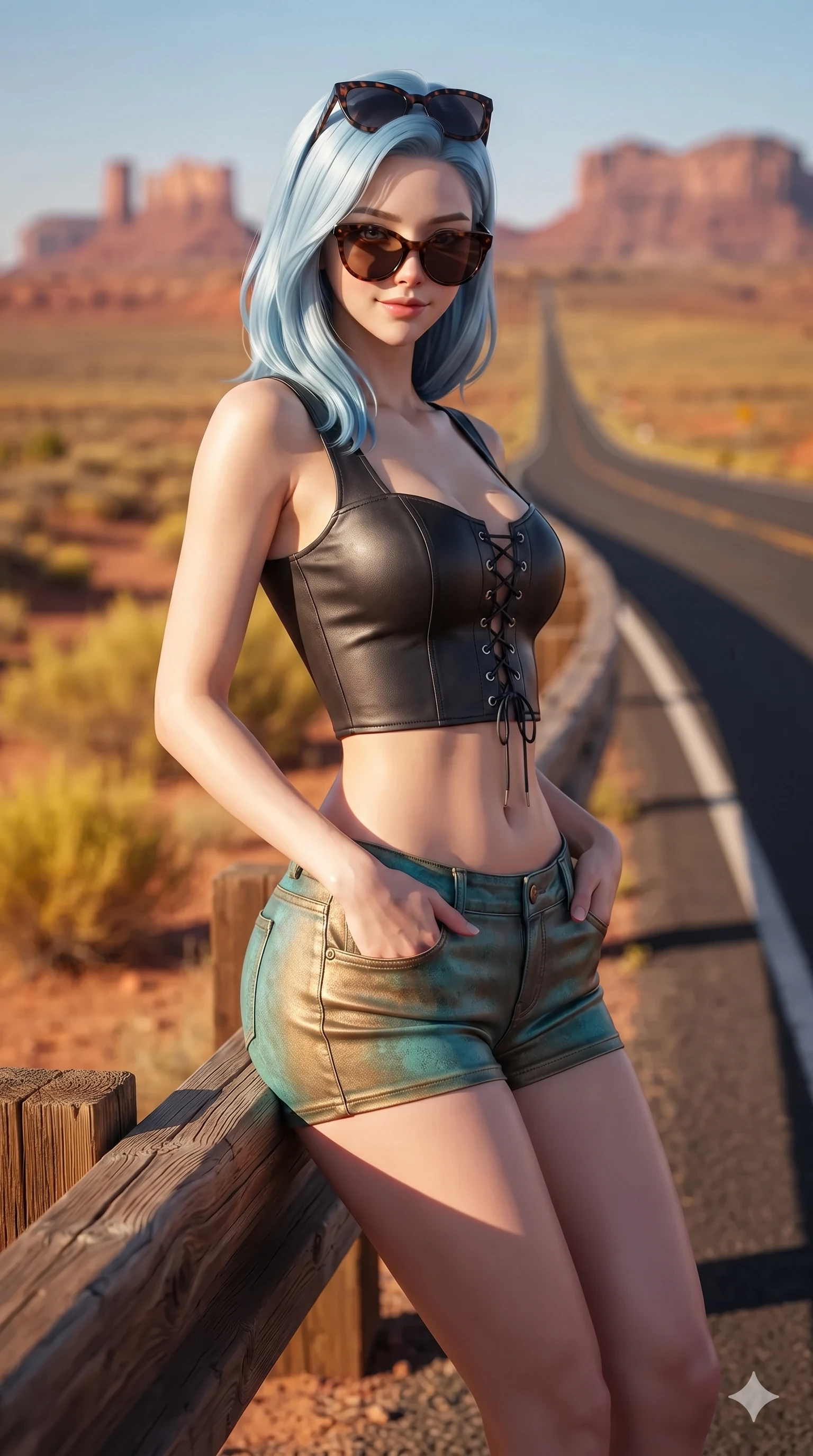 score_9, masterpiece, best quality, ultra-detailed, high-budget anime keyframe, editorial fashion photography, tasteful artistic composition, Korean woman. close-up cowboy shot from the waist and thighs up, the character dominates the composition, filling the frame with her large presence. leaning against the timber guardrail with hips cocked back, looking through dark sunglasses with an alluring, confident half-smile while standing poised in the middle of the empty highway, arching her lower back with sovereign supermodel grace as iconic sandstone buttes tower in the golden distance. The background shows a soft-focus iconic red sandstone mittens and buttes, endless vanishing two-lane blacktop road, and golden desert scrub blurred into terracotta, ochre, and deep blue bokeh. She has an exceptionally elegant, slender, and willowy female figure with an ultra-slim waist, flat toned midriff, narrow ribcage, and sculpted feminine hips creating an alluring, slim hourglass silhouette without bulk. sharp v-shaped jawline, high-bridge nose, sparkling eyes with hypnotic seductive depth, thick curled eyelashes, glossy parted lips with a natural dewy peach sheen, alluring bedroom-eyes with an enchanting coquettish smile, exuding magnetic siren charisma and sophisticated glamour, flawlessly proportioned anatomical accuracy, strict slender model proportions, natural body alignment, perfectly sculpted long slender limbs, ultra-slim waistline, clean dynamic posture without body distortion. wearing a sculpted matte leather crop bustier with lace-up front paired with tight low-slung moto-shorts in turquoise patina and burnished vintage brass, made of fluid liquid jersey with seamless sculpting hold and smooth contours, complemented by oversized designer tortoiseshell sunglasses resting atop her head, the liquid-tight tailored fabric clinging flawlessly to her narrow waist and rounded feminine hips, emphasizing every millimeter of her sculpted slim hourglass curves without any bulky heaviness. bathed in the breathtaking, warm 2700K golden afternoon sunlight stretching long dramatic shadows across the blacktop. ultra-reflective glossy finish, specular highlights, rich textural contrasts, high-contrast stereoscopic depth, volumetric dynamic lighting, 2k, ultra detail, master piece, 9:16 ratio