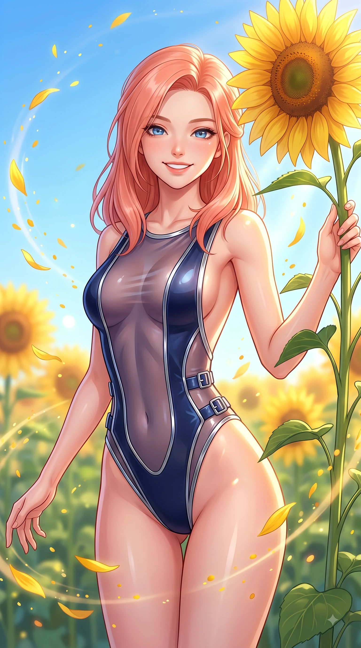 score_9, masterpiece, best quality, ultra-detailed, high-budget anime keyframe, editorial fashion photography, tasteful artistic composition, Japanese woman. close-up cowboy shot from the waist and thighs up, the character dominates the composition, filling the frame with her large presence, background elements kept in soft focus. Enchanting happy smile, her eyes twinkling like jewels in the bright sunlight as one arm reaches out playfully while reaching out to touch a towering sunflower stalk while beaming happily into the camera lens, floating flower pollen and yellow petals drifting gracefully in dynamic orbital paths. She has an exceptionally elegant, slender, and willowy female figure with an ultra-slim waist, a gracefully sculpted slender torso, and a refined silhouette. sharp v-shaped jawline, high-bridge nose, intricate jewel-like eyes with depth, thick eyelashes, glossy lips with a natural sheen, flawlessly proportioned anatomical accuracy, natural body alignment, perfectly sculpted elegant limbs, clean dynamic posture without body distortion. wearing a high-cut translucent vinyl leotard with front paneling and open back in midnight navy blue and chrome trim, formed from sleek second-skin neoprene, detailed with polished silver buckles along the waistline, the elegant draped fit framing her graceful clavicle and slender torso. bathed in brilliant sunny morning light and warm golden meadow sunbursts. highly saturated vibrant anime colors, detailed shading with soft gradients, rich glossy textures, high-contrast stereoscopic depth, volumetric dynamic lighting, master piece, 9:16 ratio