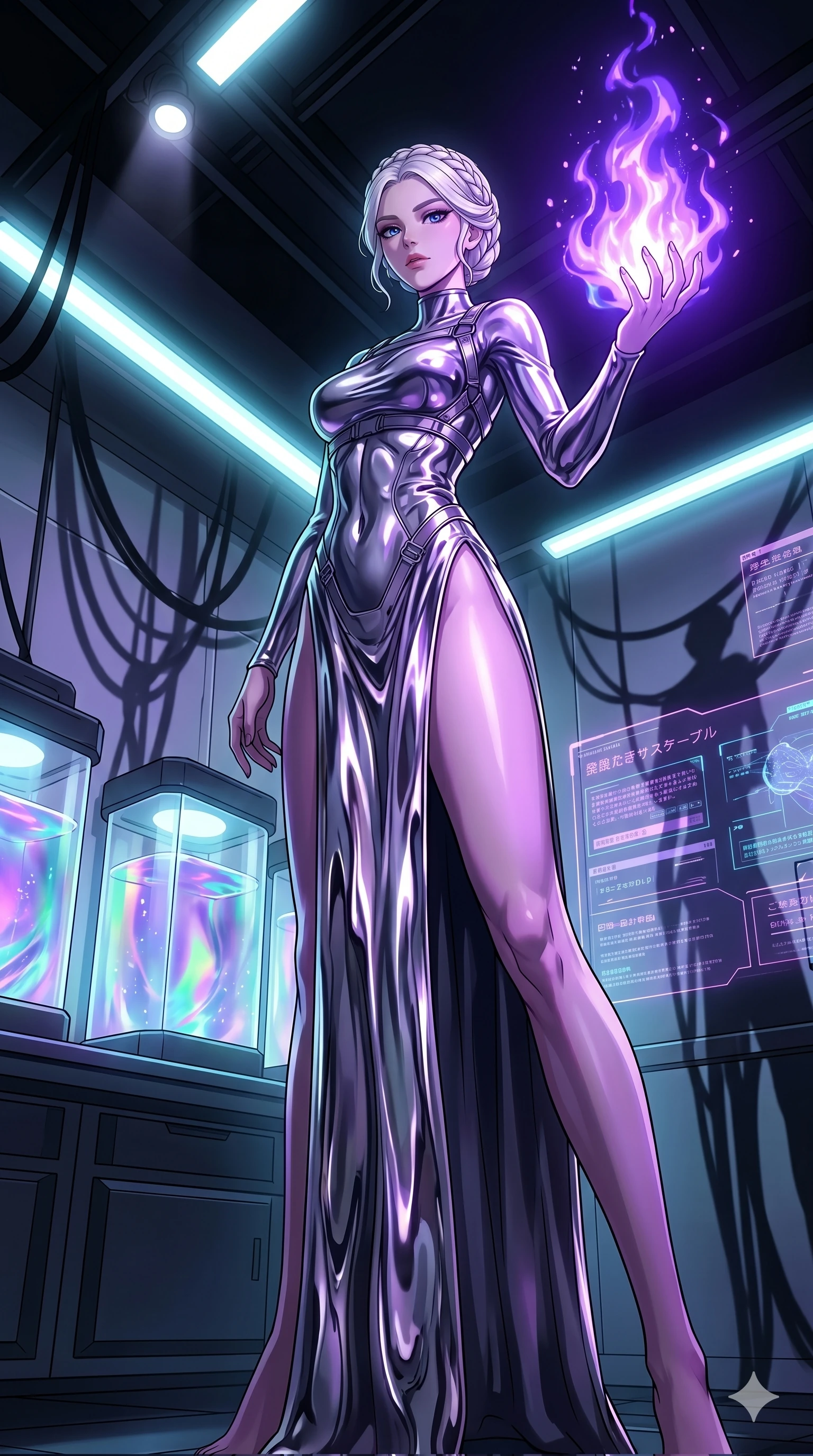 score_9, masterpiece, best quality, ultra-detailed, High-budget Anime Keyframe, vibrant colors, fluid line-art, expressive lighting, cinematic composition, Ufotable-style visual effects, top-tier animation quality, Japanese woman with delicate and elegant anime-inspired features. Wide-angle low shot emphasizing her impossibly long slender legs and commanding stature. Igniting a mystical flame that burns with a brilliant violet light, casting long and dramatic shadows on the temple walls. She has an absolutely perfect 8-heads proportion, an exceptionally tall and slender female figure with impossibly long slender legs and an ultra-slim waist, her statuesque height and towering silhouette dominating the vertical 9:16 frame. Her face is a masterpiece featuring a sharp v-shaped jawline, high-bridge nose, intricate jewel-like eyes with depth, thick eyelashes, and glossy lips with a natural sheen. She is wearing a Fitted bodysuit with a complex integrated harness system and streamlined silhouette crafted from Molten liquid mercury that flows and reflects the environment with metallic perfection, with a dangerous high slit that showcases her impossibly long slender legs. The scene is set in a high-tech research laboratory with glowing glass tanks and complex holographic interfaces, illuminated by harsh neon light and deep shadows creating a high-contrast noir aesthetic. 2k, ultra detail, master piece, 9:16 ratio