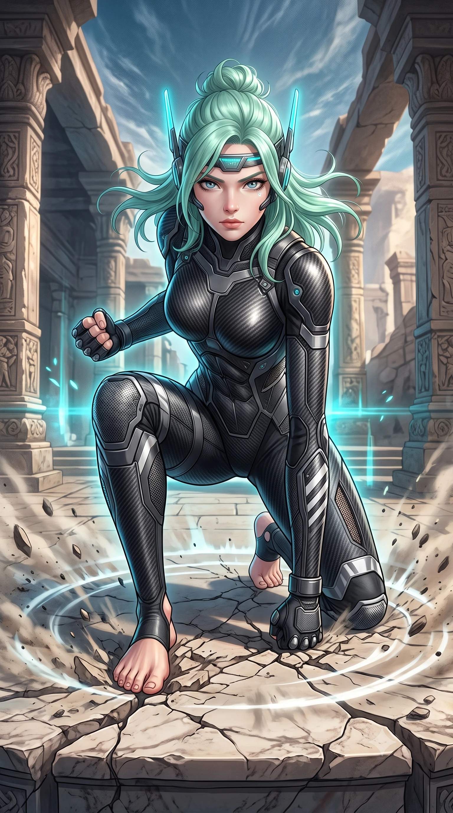 score_9, masterpiece, best quality, ultra-detailed, high-budget anime keyframe, semi-realistic 3D game render, editorial fashion photography, tasteful artistic composition, Japanese woman. low angle full-body shot from head to toe showing her feet, filling the entire 9:16 vertical frame with her statuesque presence, stretching her vertical silhouette. landing gracefully from a high-altitude leap on one knee and palm, her statuesque silhouette framed by radial shockwave ripples in the ground while landing in a low defensive crouch on the cracked marble altar with fists clenched in unwavering resolve. The surrounding environment is rendered in vivid detail and crisp panoramic clarity. transcendent chiaroscuro contrast between sacred ruin architecture and glowing combat energy in precision. She has an absolutely perfect, statuesque 8.5-heads proportion, an exceptionally tall and slender model-like female figure with impossibly long slender legs, a toned flat midriff, and an ultra-slim waist. sharp v-shaped jawline, high-bridge nose, intricate jewel-like eyes with depth, thick eyelashes, glossy lips with a natural sheen, fierce and resolute heroine expression, flawlessly proportioned anatomical accuracy, strict slender model proportions, natural body alignment, perfectly sculpted long slender limbs, ultra-slim waistline, clean dynamic posture without body distortion. wearing a lightweight carbon-fiber tactical sensory headpiece with glowing cyan ear-antennae and an ultra-thin forehead HUD brow-band, paired with a form-contouring high-mobility battle-suit featuring sculpted carbon chest plating, diagonal midriff ventilation cutouts, and kinetic knee vambraces in storm-grey carbon mesh with high-contrast white hazard stripes, crafted from ultra-strong woven carbon-fiber composite with battle-tested satin luster, detailed with kinetic shock-dampening knuckle guards and polished chrome connection joints, the liquid-tight tailored fabric emphasizing every curve of her tall, slender model proportions and sculptured silhouette during dynamic movement. surrounded by an awe-inspiring, tragic, and radiantly unbreakable warrior goddess aura. rich saturated anime colors with glowing neon highlights, detailed shading with soft gradients, rich glossy textures, high-contrast stereoscopic depth, volumetric dynamic lighting, master piece, 9:16 ratio
