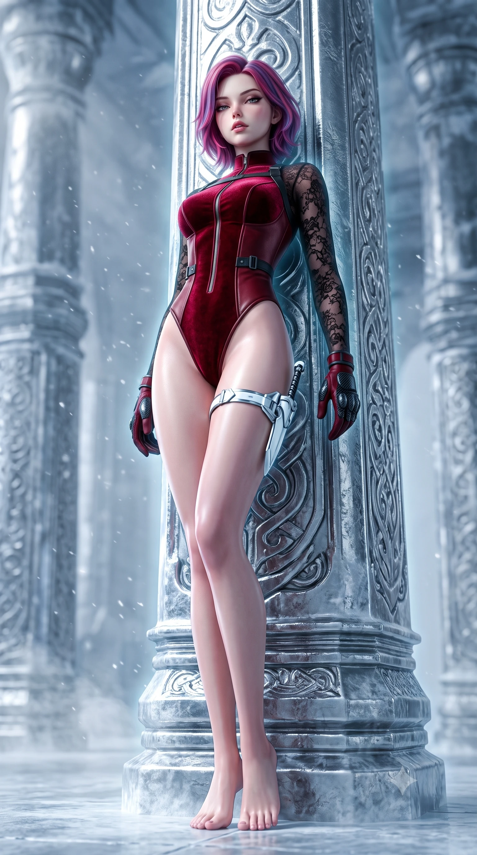 score_9, masterpiece, best quality, ultra-detailed, high-budget anime keyframe, semi-realistic 3D game render, editorial fashion photography, tasteful artistic composition, Caucasian woman. low angle full-body shot from head to toe showing her feet, filling the entire 9:16 vertical frame with her statuesque presence, stretching her vertical silhouette. leaning deep against the structural architecture with hips cocked in an unapologetically bold, seductive high-fashion stance while leaning back against a colossal chrome runestone pillar with hips cocked in an unapologetically bold high-fashion contrapposto stance. The composition keeps background elements in soft focus with creamy bokeh. frosted titanium temple pylons and swirling snow haze softened in dramatic cinematic depth. She has an absolutely perfect, statuesque 8.5-heads proportion, an exceptionally tall and slender model-like female figure with impossibly long slender legs, a toned flat midriff, an ultra-slim waist, and beautifully sculpted feminine hips. sharp v-shaped jawline, high-bridge nose, intricate jewel-like eyes with depth, thick eyelashes, glossy parted lips with a natural sheen, intensely captivating and seductive bedroom-eyes expression, flawlessly proportioned anatomical accuracy, strict slender model proportions, natural body alignment, perfectly sculpted long slender limbs, ultra-slim waistline, clean dynamic posture without body distortion. wearing an elite valkyrie velvet-and-leather hybrid bodysuit with sheer lace sleeves and dagger sheath garter in polished chrome silver and arctic glacier white, tailored from water-resistant treated wool gabardine and flexible Kevlar, finished with discreet carbon fiber knuckle guards and matte black buckles, the form-contouring material adhering flawlessly to her sculpted flat midriff and slender torso, emphasizing her long leg lines and perfectly proportioned willowy build. surrounded by an indomitable, lethal, and breathtakingly majestic cyber-valkyrie goddess aura. highly saturated vibrant anime colors, detailed shading with soft gradients, rich glossy textures, high-contrast stereoscopic depth, volumetric dynamic lighting, master piece, 9:16 ratio