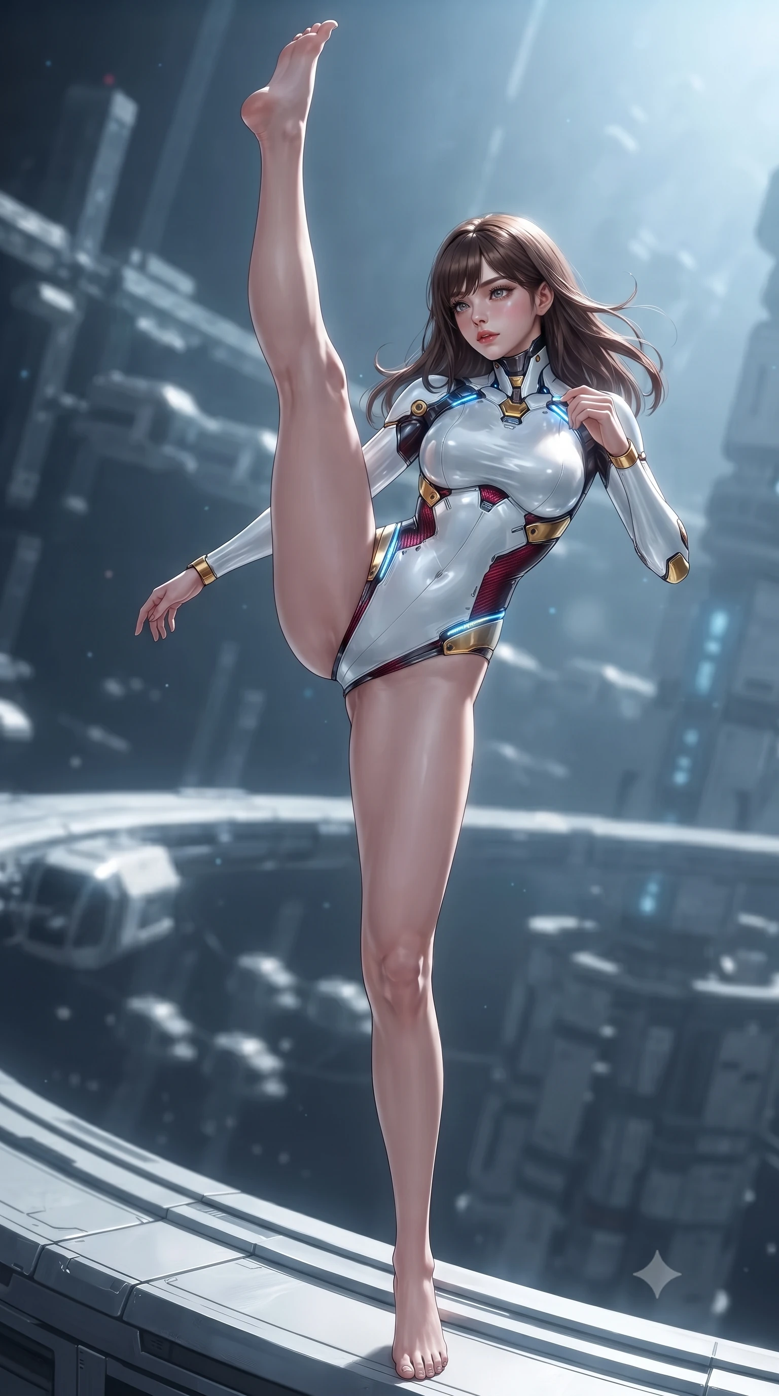 score_9, masterpiece, best quality, ultra-detailed, high-budget anime keyframe, editorial fashion photography, tasteful artistic composition, Korean woman. low angle full-body shot from head to toe showing her feet, filling the entire 9:16 vertical frame with her statuesque presence, stretching her vertical silhouette. executing a breathtaking zero-gravity high-kick with full 180-degree vertical extension, her impossibly long slender legs dominating the frame with razor-sharp poise while striding gracefully along the outer perimeter ring with arms held in loose, relaxed Panzer Kunst mastery. The composition keeps background elements in soft focus with creamy bokeh. massive space elevator cable arrays and transit pods softened in smooth atmospheric depth. She has an absolutely perfect, statuesque 8.5-heads proportion, an exceptionally tall and slender model-like female figure with impossibly long slender legs, a toned flat midriff, and an ultra-slim waist. sharp v-shaped jawline, high-bridge nose, intricate jewel-like eyes with depth, thick eyelashes, glossy lips with a natural sheen, flawlessly proportioned anatomical accuracy, strict slender model proportions, natural body alignment, perfectly sculpted long slender limbs, ultra-slim waistline, clean dynamic posture without body distortion. wearing a form-contouring arctic white carbon-composite martial arts leotard with solar gold articulation joints and diagonal midriff vents in deep crimson carbon weave with specular dark chrome accents, formed from high-gloss patent carbon-plating with specular chiaroscuro reflections, accented with glowing fiber-optic conduits tracing her collarbones and hip curves, the liquid-tight tailored fabric emphasizing every curve of her tall, slender model proportions and sculptured silhouette during dynamic movement. surrounded by an elevated, supreme, and radiantly commanding aerospace martial goddess aura. ultra-reflective glossy finish, specular highlights, dark metallic sheen, high-contrast stereoscopic depth, volumetric dynamic lighting, 2k, ultra detail, master piece, 9:16 ratio