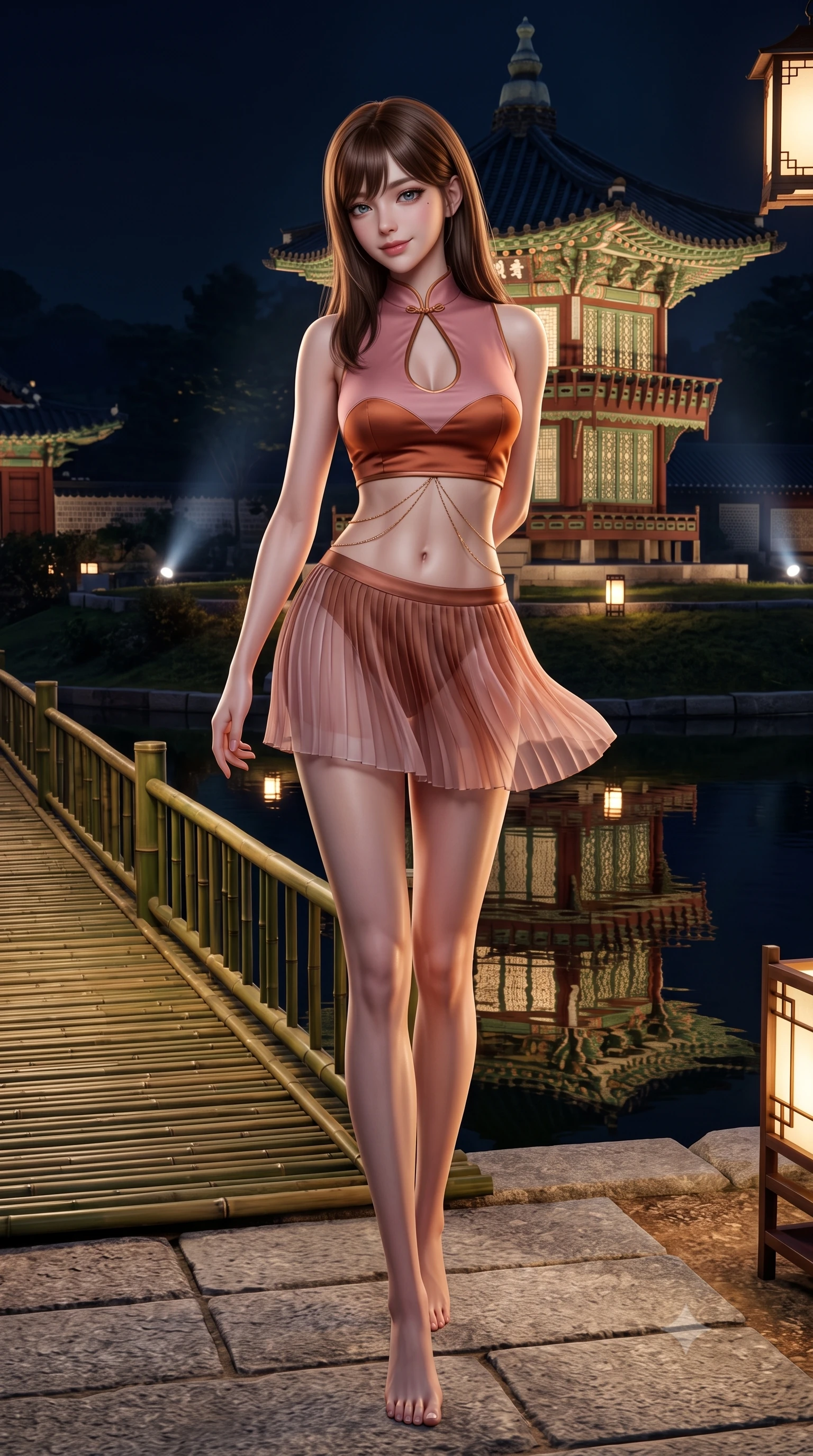 score_9, masterpiece, best quality, ultra-detailed, high-budget anime keyframe, semi-realistic 3D game render, editorial fashion photography, tasteful artistic composition, Korean woman. low angle full-body shot from head to toe showing her feet, filling the entire 9:16 vertical frame with her statuesque presence, stretching her vertical silhouette. walking slowly through the bamboo pathway, looking back over her shoulder with an air of effortless oriental grace and an alluring, smoldering smile while twisting her slender torso in an alluring S-curve, royal palace waters reflecting the illuminated two-story pavilion and her curvaceous silhouette. The surrounding environment is rendered in vivid detail and crisp panoramic clarity: detailed sheer jeogori silk weave, delicate norigae jewelry sparkle, and Joseon royal palace architecture in razor-sharp precision. She has an absolutely perfect, statuesque 8.5-heads proportion, an exceptionally tall and slender model-like female figure with impossibly long slender legs, an ultra-slim waist, a flat toned midriff, narrow delicate ribcage, and beautifully sculpted feminine hips creating a graceful, slim hourglass silhouette without any bulky heaviness. sharp v-shaped jawline, high-bridge nose, intricate jewel-like dark sparkling almond eyes with depth, thick lashes, glossy parted lips with a natural rose-plum sheen, bright alluring and coquettish smile with bedroom-eyes, exuding both timeless oriental elegance and sovereign high-fashion allure, flawlessly proportioned anatomical accuracy, strict slender model proportions, natural body alignment, perfectly sculpted long slender limbs, ultra-slim waistline, clean dynamic posture without body distortion. wearing a sleeveless modern qipao top with an elegant teardrop chest keyhole cutout paired with a curve-hugging pleated mini skirt in dusty rose pink and burnished copper, tailored from sheer gossamer silk organza with an airy weightless flutter, accented with a delicate gold body chain draping loosely across her flat midriff, the glove-like silhouette tightly following the natural contour of her hips and long slender legs with youthful 8.5-heads elegance. bathed in soft architectural spotlights illuminating the historic royal pavilion and dark waters. highly saturated vibrant anime colors, detailed shading with soft gradients, rich glossy textures, high-contrast stereoscopic depth, volumetric dynamic lighting, master piece, 9:16 ratio