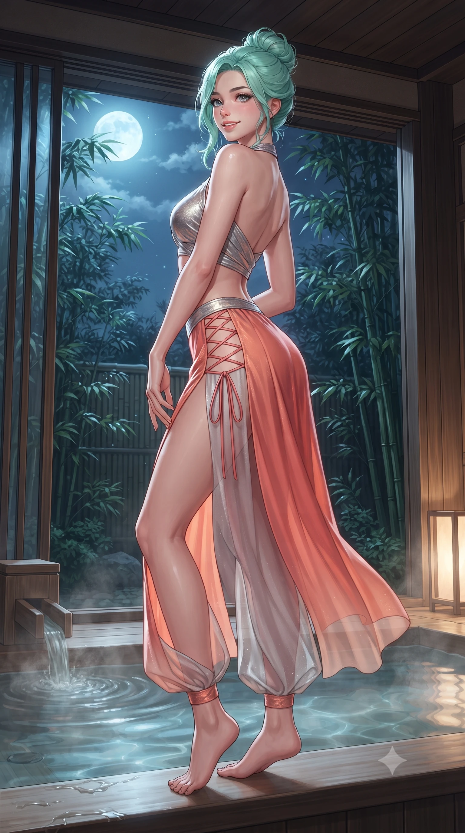 score_9, masterpiece, best quality, ultra-detailed, high-budget anime keyframe, editorial fashion photography, tasteful artistic composition, Japanese woman. low angle full-body shot from head to toe showing her feet, filling the entire 9:16 vertical frame with her statuesque presence, stretching her vertical silhouette. posing in a classic haute-couture S-curve stance beside the floor-to-ceiling window, looking over a bare shoulder with magnetic presence while standing poised on the edge of the steaming fragrant cypress hinoki bath, arching her spine with wet-look siren grace under the moonlit bamboo. The surrounding environment is rendered in vivid detail and crisp panoramic clarity: detailed backless silk robe dress cling slipping off shoulders, obi belt texture, and master ryokan woodcraft in razor-sharp precision. She has an exceptionally tall and slender model-like 8.5-heads proportion, an ultra-slim waist, a flat toned midriff, narrow delicate ribcage, and beautifully sculpted feminine hips creating a graceful, slim hourglass silhouette without any bulky heaviness, with impossibly long slender legs. sharp v-shaped jawline, high-bridge nose, intricate jewel-like sparkling eyes with depth, thick eyelashes, glossy parted lips with a natural peach sheen, bright cheerful beaming smile with an enchanting and coquettish sensual glint, exuding both youthful cute charm and seductive allure, flawlessly proportioned anatomical accuracy, strict slender model proportions, natural body alignment, perfectly sculpted long slender limbs, ultra-slim waistline, clean dynamic posture without body distortion. wearing a modern Arabian-inspired metallic lame wrap top with bare midriff and a high-slit chiffon harem pant skirt in French Riviera sunset coral and starlight silver, tailored from ultra-plush silk velvet with rich tactile depth and deep shadow gradients, featuring fine criss-cross lace-up side ties revealing tantalizing glimpses of her hip curve, the second-skin tailored fabric adhering flawlessly to her sculpted flat midriff and slender torso, emphasizing her long leg lines and perfectly proportioned willowy build. illuminated by thermal pool surface caustics and sharp pearlescent rim lights sculpting her razor-sharp jawline, narrow waist, and curvy hips. ultra-reflective glossy finish, specular highlights, rich textural contrasts, high-contrast stereoscopic depth, volumetric dynamic lighting, 2k, ultra detail, master piece, 9:16 ratio