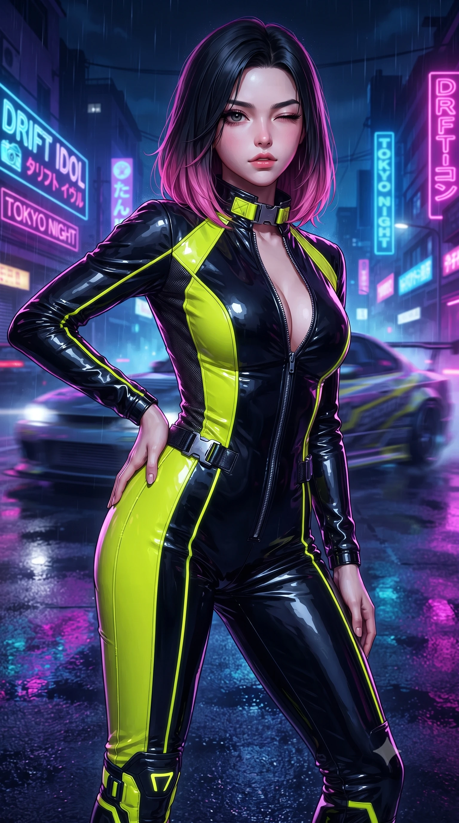 score_9, masterpiece, best quality, ultra-detailed, high-budget anime keyframe, editorial fashion photography, tasteful artistic composition, Korean woman. close-up cowboy shot from the waist and thighs up, the character dominates the composition, filling the frame with her large presence. tilting her chin up with proud, sovereign allure while gazing through thick eyelashes with an irresistible, dangerous bedroom-gaze while pivoting sharply with supermodel momentum on the wet tarmac, a playful wink breaking across her radiant face. The surrounding environment is rendered in vivid detail and crisp panoramic clarity. intense neon-noir chiaroscuro and exhilarating urban drift culture aesthetics rendered with precision. She has an exceptionally elegant, slender, and willowy female figure with an ultra-slim waist, a gracefully sculpted slender torso, toned flat midriff, and a refined slim silhouette. sharp v-shaped jawline, high-bridge nose, intricate jewel-like eyes with depth, thick eyelashes, glossy parted lips with a natural sheen, intensely captivating and seductive expression, flawlessly proportioned anatomical accuracy, strict slender model proportions, natural body alignment, perfectly sculpted long slender limbs, ultra-slim waistline, clean dynamic posture without body distortion. wearing a high-gloss patent leather racing catsuit with an open front zipper and high stand collar in high-gloss asphalt black and hazard neon yellow, made of breathable technical athletic mesh and liquid-finish track nylon, finished with quick-release titanium buckles and neon-reflective piping, the liquid-tight tailored fabric emphasizing every curve of her tall, slender model proportions and sculptured silhouette. surrounded by an adrenaline-fueled, audacious, and wildly charismatic drift idol aura. ultra-reflective glossy finish, specular highlights, rich textural contrasts, high-contrast stereoscopic depth, volumetric dynamic lighting, 2k, ultra detail, master piece, 9:16 ratio