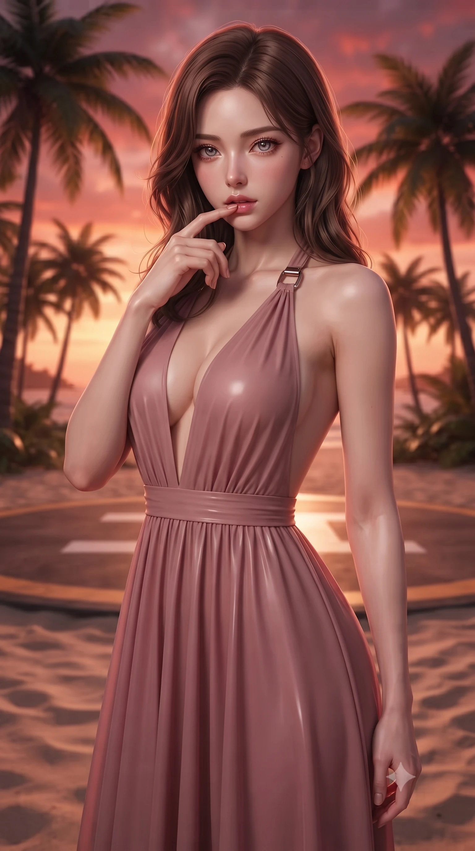score_9, masterpiece, best quality, ultra-detailed, high-budget anime keyframe, editorial fashion photography, tasteful artistic composition, Korean woman. close-up cowboy shot from the waist and thighs up, the character dominates the composition, filling the frame with her large presence, background elements kept in soft focus. pressing one finger to her bottom lip in a thoughtful, seductive gesture under the warm sun the background shows a soft-focus a secluded beach resort helipad surrounded by tall palm trees at sunset. She has an exceptionally elegant, slender, and willowy female figure with an ultra-slim waist, a gracefully sculpted slender torso, and a refined silhouette. sharp v-shaped jawline, high-bridge nose, intricate jewel-like eyes with depth, thick eyelashes, glossy lips with a natural sheen. wearing a form-contouring deep plunging-V neck maxi dress in dusty rose chiffon with a bold halter neck and low-cut back. the warm red and orange sunset sky casting a dramatic glow over the sands. ultra-reflective glossy finish, specular highlights, metallic sheen, high-contrast stereoscopic depth, volumetric dynamic lighting, 2k, ultra detail, master piece, 9:16 ratio