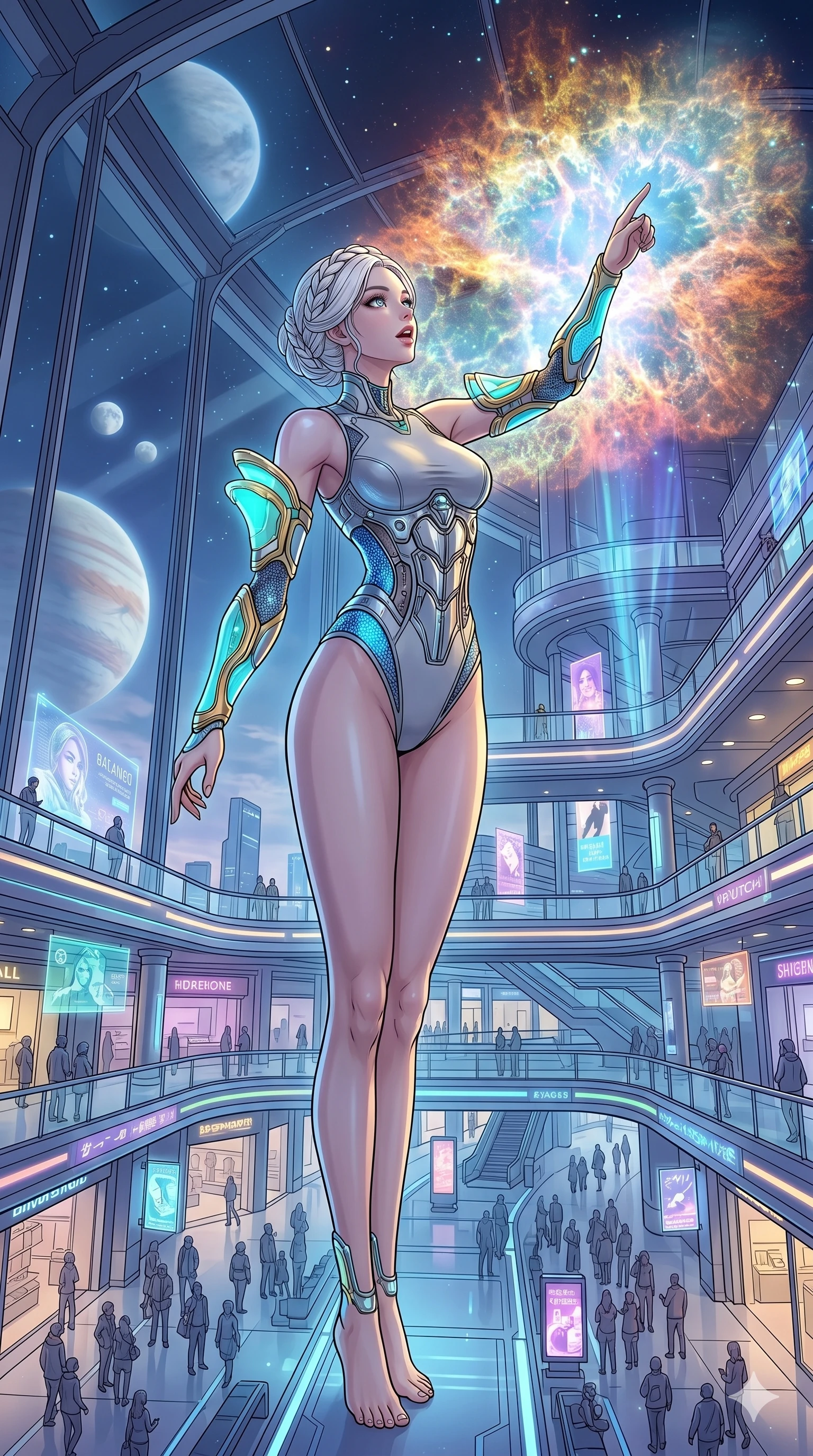 score_9, masterpiece, best quality, ultra-detailed, high-budget anime movie keyframe, cinematic anime lighting, intricate line art, Japanese woman. Dynamic full-body shot stretching the vertical silhouette across the 9:16 frame. observing a supernova in a holographic shopping mall under a twin-moon sky. She has an absolutely perfect 8-heads proportion, an exceptionally tall and slender female figure with an ultra-slim waist and impossibly long slender legs. sharp v-shaped jawline, high-bridge nose, intricate jewel-like eyes, thick eyelashes, glossy lips. Wearing asymmetrical high-cut tech-bodysuit with detached glowing sleeves, chrome-plated mechanical corset, and bioluminescent mesh panels clinging to her slender figure. The scene is illuminated by dramatic atmospheric lighting and vibrant color palettes. , 2k, ultra detail, master piece, 9:16 ratio