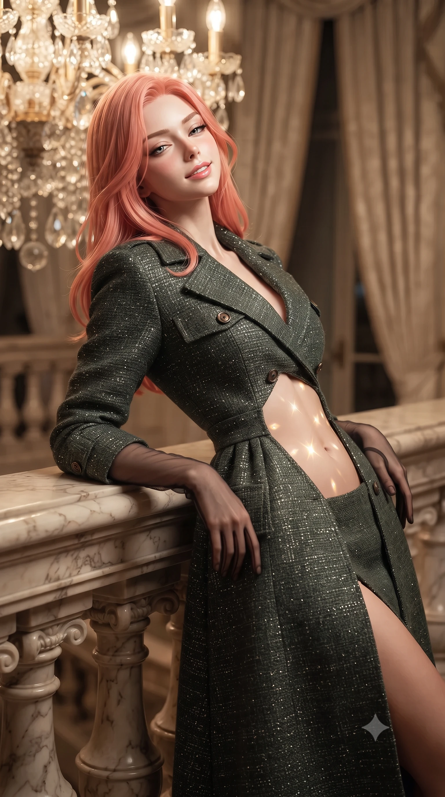 score_9, masterpiece, best quality, ultra-detailed, high-budget anime keyframe, editorial fashion photography, tasteful artistic composition, Japanese woman. close-up cowboy shot from the waist and thighs up, the character dominates the composition, filling the frame with her large presence. leaning back against the balustrade with relaxed seductive grace, head tilted back slightly while casting a hypnotic, heavy-lidded gaze while twisting her slender torso in an alluring S-curve, warm crystal chandelier facets casting diamond sparks across her flat midriff and hips. The background shows a soft-focus heavy cream silk damask curtains softened in high-society French casino shallow focus. She has an exceptionally elegant, slender, and willowy female figure with an ultra-slim waist, flat toned midriff, narrow ribcage, and sculpted feminine hips creating an alluring, slim hourglass silhouette without bulk. sharp v-shaped jawline, high-bridge nose, intricate jewel-like sparkling eyes with depth, thick eyelashes, glossy parted lips with a natural peach sheen, bright cheerful beaming smile with an enchanting and coquettish sensual glint, exuding both youthful cute charm and seductive allure, flawlessly proportioned anatomical accuracy, strict slender model proportions, natural body alignment, perfectly sculpted long slender limbs, ultra-slim waistline, clean dynamic posture without body distortion. wearing a structured Tulum raw silk safari trench coat with horn buttons and storm flaps in Loch Ness deep peat moss green and silver starlight, woven from structured British tweed with subtle metallic flecks, complemented by sheer opera-length evening gloves tracing her slender arms, the impeccably tailored cut draping gracefully along her slender figure with aristocratic poise. bathed in the warm radiant 2600K golden illumination of multi-tiered crystal chandeliers dimmed to an intimate VIP salon ambiance. ultra-reflective glossy finish, specular highlights, rich textural contrasts, high-contrast stereoscopic depth, volumetric dynamic lighting, 2k, ultra detail, master piece, 9:16 ratio