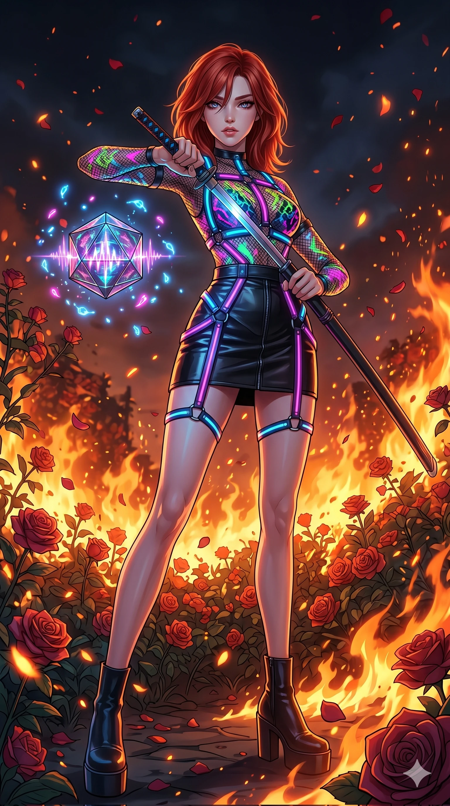 score_9, masterpiece, best quality, ultra-detailed, Set A: High-budget Anime Keyframe, Japanese woman. Low angle cowboy shot filling the entire 9:16 frame with her statuesque presence. Drawing a blade through a burning rose garden, holding a relic that pulses with the frequency 234 and surrounded by glowing energy sparks. She has an absolutely perfect 8-heads proportion, an exceptionally tall and slender female figure with impossibly long slender legs and an ultra-slim waist. Sharp v-shaped jawline, high-bridge nose, intricate jewel-like eyes with depth, thick eyelashes, glossy lips with a natural sheen. Wearing Fluorescent mesh top with a leather mini-skirt and neon-lit harness details. Cinematic lighting, vibrant colors, dramatic shadows, 2k, ultra detail, master piece, 9:16 ratio