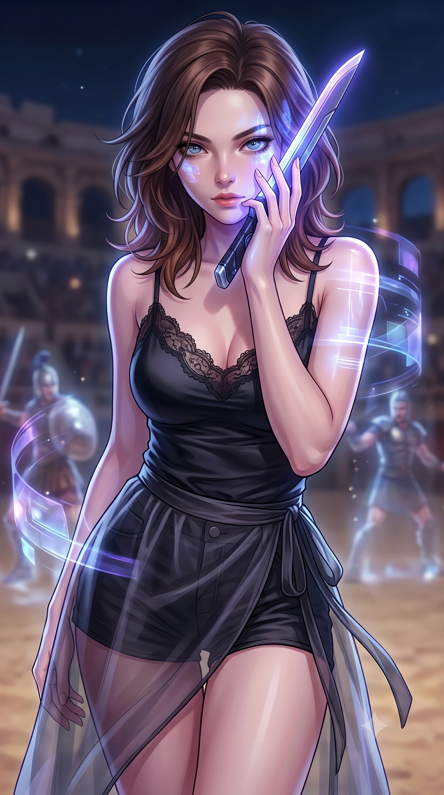 score_9, masterpiece, best quality, ultra-detailed, high-budget anime keyframe, editorial fashion photography, tasteful artistic composition, Korean woman. close-up cowboy shot from the waist and thighs up, the character dominates the composition, filling the frame with her large presence, background elements kept in soft focus. pressing the flat side of a glowing vibro-blade against her cheek, locking eyes with the viewer with bedroom-eyes, the background shows a soft-focus an ancient arena where phantom echoes of historical warriors replay in loops. She has an exceptionally elegant, slender, and willowy female figure with an ultra-slim waist, a gracefully sculpted slender torso, and a refined silhouette. sharp v-shaped jawline, high-bridge nose, intricate jewel-like eyes with depth, thick eyelashes, glossy lips with a natural sheen. wearing a form-contouring delicate lace-trim camisole in black silk, paired with a sheer organza wrap skirt and combat shorts. translucent holographic projections casting pale blue and violet highlights. highly saturated vibrant anime colors, detailed shading with soft gradients, rich glossy textures, high-contrast stereoscopic depth, volumetric dynamic lighting, master piece, 9:16 ratio