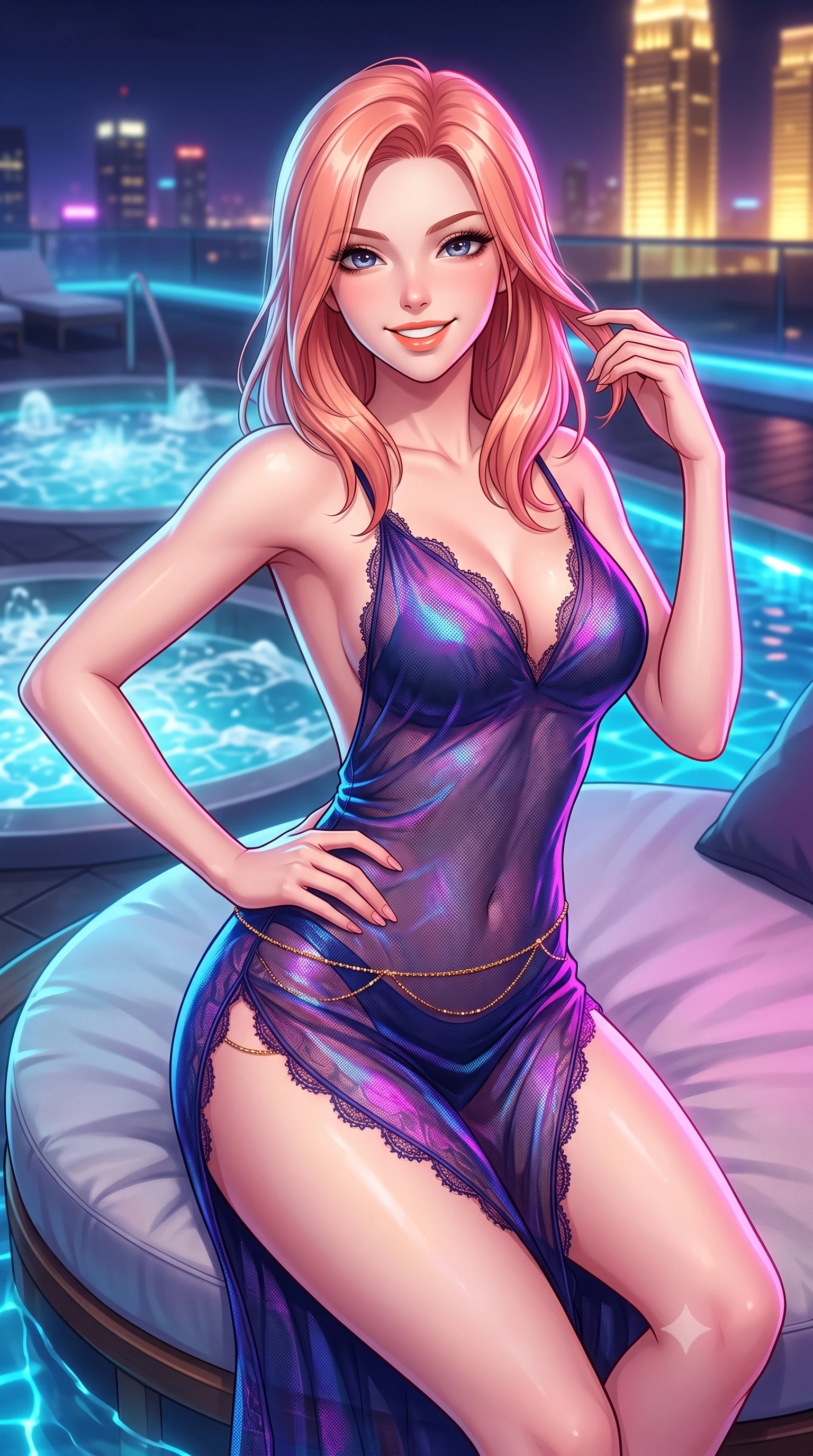 score_9, masterpiece, best quality, ultra-detailed, high-budget anime keyframe, semi-realistic 3D game render, editorial fashion photography, tasteful artistic composition, Japanese woman. close-up cowboy shot from the waist and thighs up, the character dominates the composition, filling the frame with her large presence. twisting her slender torso in an alluring contrapposto stance, one hand resting on her sculpted hip while her fingers toy with her hair with effortless poise while lounging on the circular sunbed propped on one elbow, displaying her long slender limbs and statuesque hourglass silhouette against the neon horizon. The background shows a soft-focus bubbling hydrotherapy jets softened in high-tech urban spa shallow focus. She has an exceptionally elegant, slender, and willowy female figure with an ultra-slim waist, flat toned midriff, narrow ribcage, and sculpted feminine hips creating an alluring, slim hourglass silhouette without bulk. sharp v-shaped jawline, high-bridge nose, intricate jewel-like sparkling eyes with depth, thick eyelashes, glossy parted lips with a natural peach sheen, bright cheerful beaming smile with an enchanting and coquettish sensual glint, exuding both youthful cute charm and seductive allure, flawlessly proportioned anatomical accuracy, strict slender model proportions, natural body alignment, perfectly sculpted long slender limbs, ultra-slim waistline, clean dynamic posture without body distortion. wearing an alluring backless sheer holographic mesh slip dress with high thigh slit clinging smoothly to her dewy skin in Huangpu midnight sapphire and neon magenta, made of delicate semi-sheer French Chantilly lace with intricate eyelash edges, accented with a dainty gold belly chain resting across her flat midriff and curving hips, the form-contouring silhouette accentuating her sculpted flat midriff, narrow delicate ribcage, and gracefully curvy hips with intoxicating allure. bathed in electric underwater pool LEDs contrasted with warm golden skyscraper architectural floodlights. highly saturated vibrant anime colors, detailed shading with soft gradients, rich glossy textures, high-contrast stereoscopic depth, volumetric dynamic lighting, master piece, 9:16 ratio