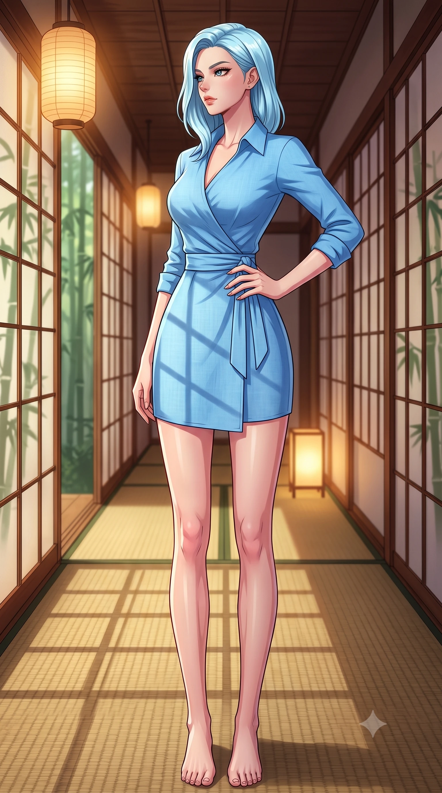score_9, masterpiece, best quality, ultra-detailed, high-budget anime keyframe, tasteful artistic composition, Korean woman. low angle full-body shot from head to toe showing her feet, filling the entire 9:16 vertical frame with her statuesque presence, stretching her vertical silhouette. posing confidently with one hand on her hip, stretching her statuesque body to emphasize her curves the background shows a soft-focus a traditional paper screen corridor with sliding doors showing bamboo silhouettes. She has an absolutely perfect, statuesque 8.5-heads proportion, an exceptionally tall and slender model-like female figure with impossibly long slender legs and an ultra-slim waist. sharp v-shaped jawline, high-bridge nose, intricate jewel-like eyes with depth, thick eyelashes, glossy lips with a natural sheen. wearing a body-hugging classic linen wrap shirt dress in sky blue with a structured collar and waist tie. warm paper lanterns casting soft, diffused grid-like shadow lines on the tatami. highly saturated vibrant anime colors, cel-shading, 2d style, master piece, 9:16 ratio