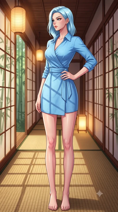 score_9, masterpiece, best quality, ultra-detailed, high-budget anime keyframe, tasteful artistic composition, Korean woman. low angle full-body shot from head to toe showing her feet, filling the entire 9:16 vertical frame with her statuesque presen