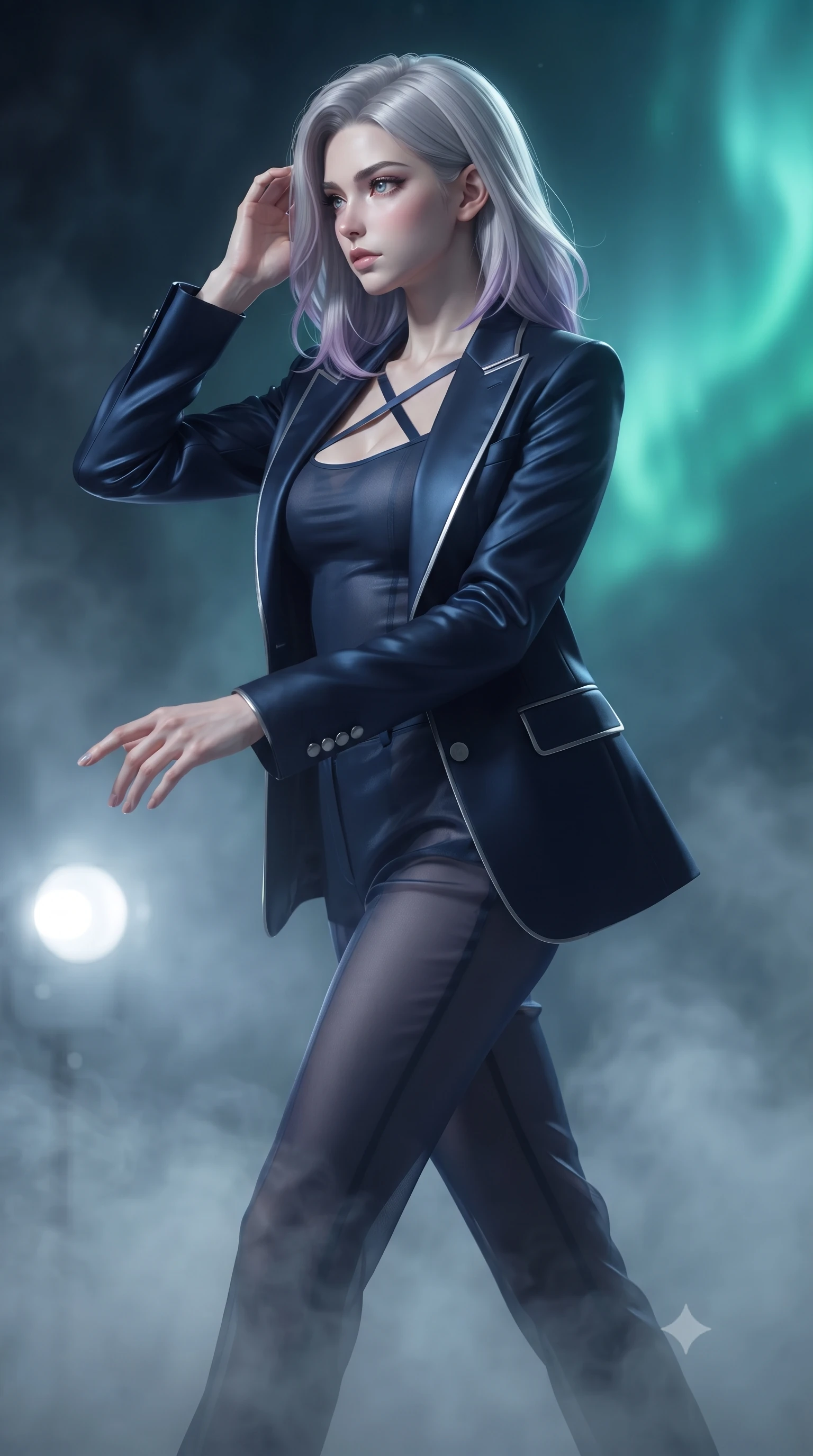 score_9, masterpiece, best quality, ultra-detailed, high-budget anime keyframe, editorial fashion photography, tasteful artistic composition, Caucasian woman. close-up cowboy shot from the waist and thighs up, the character dominates the composition, filling the frame with her large presence, background elements kept in soft focus. Resting her fingers gracefully near her temple, casting a sharp mysterious side-gaze during her stride while reaching her hand forward toward a solitary spotlight isolating her statuesque posture, sub-zero mist swirling gently around her long slender legs and athletic build. She has an exceptionally elegant, slender, and willowy female figure with an ultra-slim waist, a gracefully sculpted slender torso, and a refined silhouette. sharp v-shaped jawline, high-bridge nose, intricate jewel-like eyes with depth, thick eyelashes, glossy lips with a natural sheen, flawlessly proportioned anatomical accuracy, natural body alignment, perfectly sculpted elegant limbs, clean dynamic posture without body distortion. wearing a tailored silk blazer over a form-contouring scoop-neck top and slacks in midnight navy blue and chrome trim, woven from fine semi-opaque sheer organza, complemented by criss-cross back straps highlighting her bare shoulders, the tailored fabric tightly following every curve of her athletic build. bathed in crisp silver moonlight and vivid cyan-green polar aurora backlighting. ultra-reflective glossy finish, specular highlights, metallic sheen, high-contrast stereoscopic depth, volumetric dynamic lighting, 2k, ultra detail, master piece, 9:16 ratio