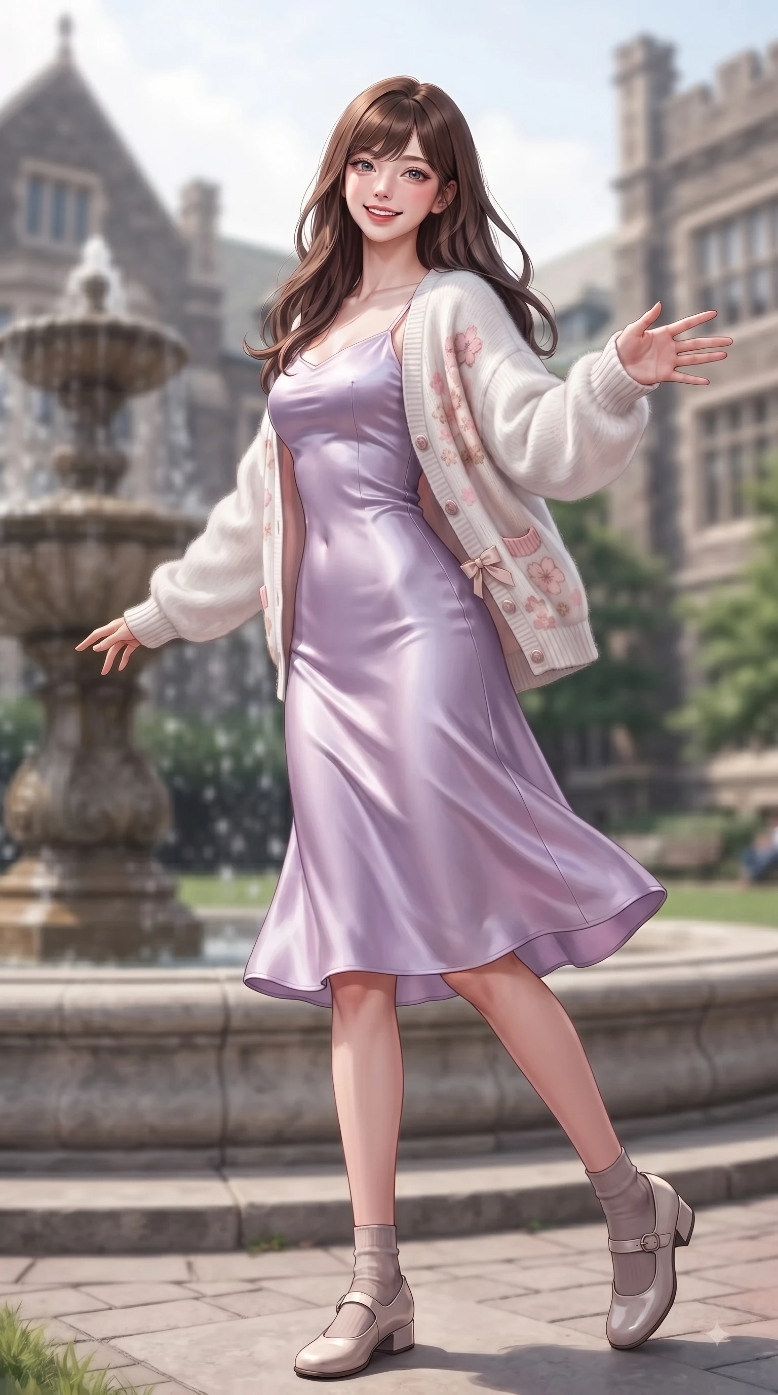 score_9, masterpiece, best quality, ultra-detailed, high-budget anime keyframe, editorial fashion photography, tasteful artistic composition, Korean woman. low angle full-body shot from head to toe showing her feet, filling the entire 9:16 vertical frame with her statuesque presence, stretching her vertical silhouette. pivoting dynamically with a fresh infectious smile, her ultra-slim waist creating a sweeping fluid curve while reaching out cheerfully with a bright smile near a grand stone fountain on the college quad. The composition keeps background elements in soft focus with dreamy bokeh. lush green quad lawns and historical college buildings blurred in dreamy shallow focus. She has an absolutely perfect, statuesque 8.5-heads proportion, an exceptionally tall and slender model-like female figure with impossibly long slender legs and an ultra-slim waist. sharp v-shaped jawline, high-bridge nose, intricate jewel-like eyes with depth, thick eyelashes, glossy lips with a natural sheen, flawlessly proportioned anatomical accuracy, natural body alignment, perfectly sculpted elegant limbs, clean dynamic posture without body distortion. wearing a graceful lavender satin slip dress layered under a loose soft white knit cardigan in cherry blossom pink and soft beige, knitted from soft cozy cashmere yarn, accented with a dainty waist ribbon bow, the chic real-way fashion cut emphasizing her effortless charm. surrounded by an uplifting, fresh, and youthful academic atmosphere. ultra-reflective glossy finish, specular highlights, metallic sheen, high-contrast stereoscopic depth, volumetric dynamic lighting, 2k, ultra detail, master piece, 9:16 ratio