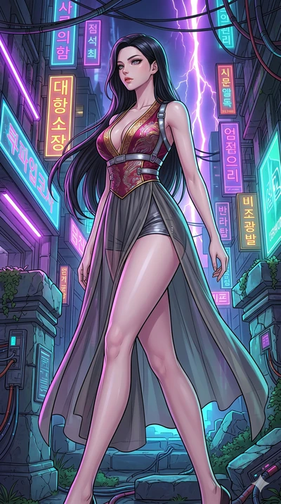 score_9, masterpiece, best quality, ultra-detailed, high-budget anime movie keyframe, cinematic anime lighting, intricate line art, Korean woman. Low angle cowboy shot filling the entire 9:16 frame with her statuesque presence. exploring lost ruins i