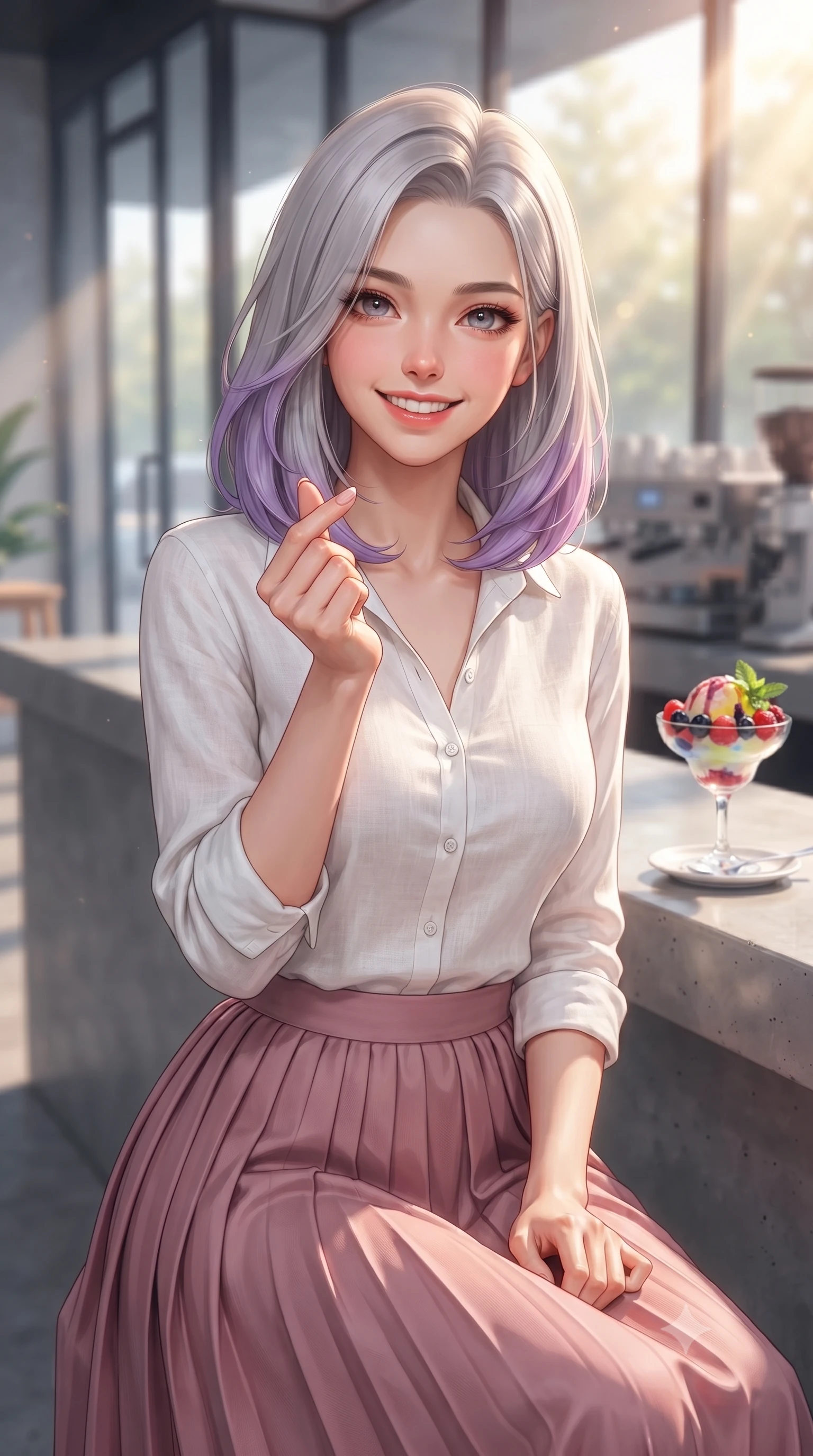 score_9, masterpiece, best quality, ultra-detailed, high-budget anime keyframe, editorial fashion photography, tasteful artistic composition, Caucasian woman. close-up cowboy shot from the waist and thighs up, the character dominates the composition, filling the frame with her large presence, background elements kept in soft focus. flashing a bright, sunny grin, holding her fingers in a cute small heart shape set against a soft-focus background of inside a modern minimalist espresso bar with sleek glass windows and concrete counters holding a colorful ice cream coupe with fresh berries and mint. She has an exceptionally elegant, slender, and willowy female figure with an ultra-slim waist, a gracefully sculpted slender torso, and a refined silhouette. sharp v-shaped jawline, high-bridge nose, intricate jewel-like eyes with depth, thick eyelashes, glossy lips with a natural sheen. wearing body-hugging casual linen button-down shirt in white, paired with a flowy pleated skirt in dusty pink. warm morning sunbeams filtering through the large front glass windows. highly saturated vibrant anime colors, detailed shading with soft gradients, rich glossy textures, high-contrast stereoscopic depth, volumetric dynamic lighting, master piece, 9:16 ratio