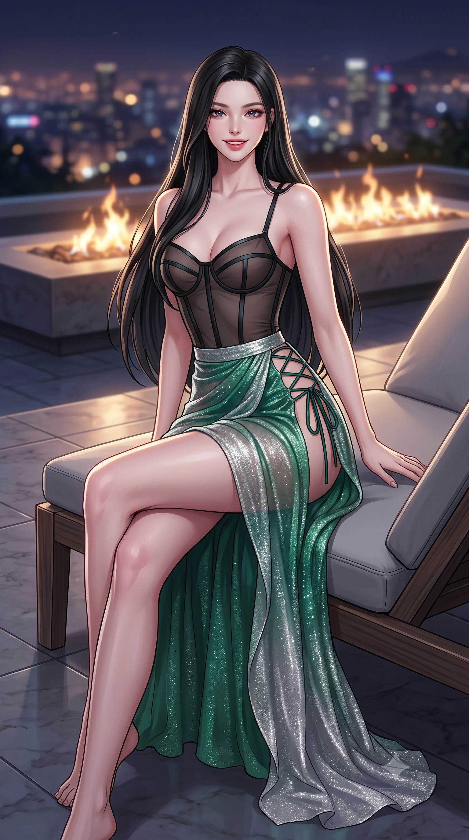 score_9, masterpiece, best quality, ultra-detailed, high-budget anime keyframe, semi-realistic 3D game render, editorial fashion photography, tasteful artistic composition, Korean woman. close-up cowboy shot from the waist and thighs up, the character dominates the composition, filling the frame with her large presence. perched sideways on the lounge seat, one knee drawn up to showcase her slender leg line while her arched back accentuates her feminine hip curve while twisting her slender torso in an alluring S-curve on the polished limestone deck, city glow casting prismatic highlights across her flat midriff. The background shows a soft-focus linear deck fire pit flames softened in billionaire hillside mansion shallow focus. She has an exceptionally elegant, slender, and willowy female figure with an ultra-slim waist, flat toned midriff, narrow ribcage, and sculpted feminine hips creating an alluring, slim hourglass silhouette without bulk. sharp v-shaped jawline, high-bridge nose, intricate jewel-like sparkling eyes with depth, thick eyelashes, glossy parted lips with a natural peach sheen, bright cheerful beaming smile with an enchanting and coquettish sensual glint, exuding both youthful cute charm and seductive allure, flawlessly proportioned anatomical accuracy, strict slender model proportions, natural body alignment, perfectly sculpted long slender limbs, ultra-slim waistline, clean dynamic posture without body distortion. wearing a provocative translucent mesh corset bodice with boned satin channels paired with a sheer chiffon wrap maxi skirt in Art Nouveau malachite green and antique starlight silver, woven from stretch metallic lurex jersey casting radiant starlight glints across her curves, featuring fine criss-cross lace-up side ties revealing tantalizing glimpses of her hip curve, the liquid-tight tailored fabric clinging flawlessly to her narrow waist and rounded feminine hips, emphasizing every millimeter of her sculpted slim hourglass curves without any bulky heaviness. illuminated by city glow upward fill and sharp platinum rim lights sculpting her features, flat midriff, and curvaceous hips. highly saturated vibrant anime colors, detailed shading with soft gradients, rich glossy textures, high-contrast stereoscopic depth, volumetric dynamic lighting, master piece, 9:16 ratio