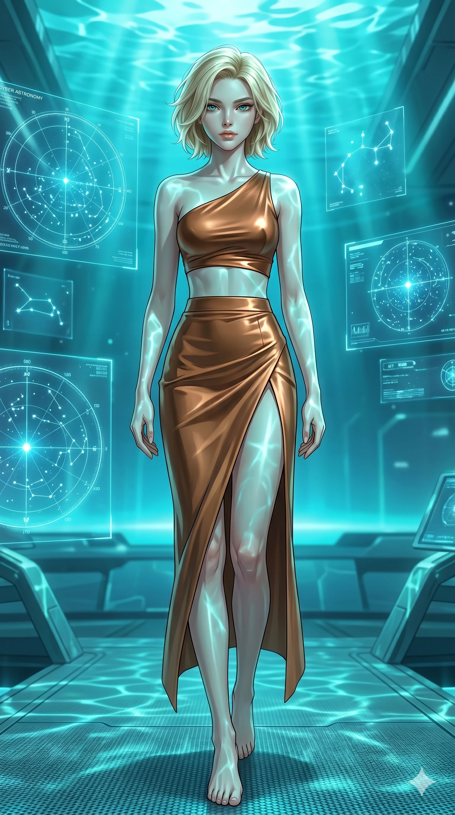 score_9, masterpiece, best quality, ultra-detailed, high-budget anime keyframe, editorial fashion photography, tasteful artistic composition, Caucasian woman, strictly human ears. low angle full-body shot from head to toe showing her feet, filling the entire 9:16 vertical frame with her statuesque presence, stretching her vertical silhouette. Walking forward with a slow, measured stride, her gaze fixed directly on the horizon inside a cyber-astronomy deck where glowing star charts float in mid-air. She has an absolutely perfect 8-heads proportion, an exceptionally tall and slender female figure with impossibly long slender legs and an ultra-slim waist. V-shaped jawline, high-bridge nose, intricate jewel-like eyes with depth, thick eyelashes, glossy lips with a natural sheen. wearing an asymmetric crop top in liquid bronze paired with a high-waist tailored skirt featuring a high slit. drenched in brilliant turquoise volumetric light filtering through water, casting caustic patterns. 2k, ultra detail, master piece, 9:16 ratio