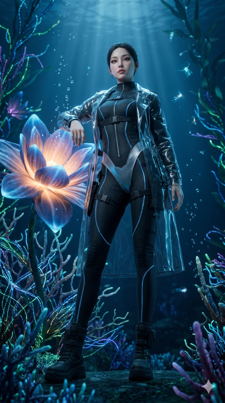 score_9, masterpiece, best quality, ultra-detailed, Semi-realistic 3D Game Render, high-fidelity character model, intricate textures, dynamic particle effects, Unreal Engine 5 aesthetic, crisp 3D depth, Korean woman with idol-like refined features. Dynamic full-body shot stretching the vertical silhouette, capturing her from a powerful low-angle perspective. Resting against a giant glowing flower that emits a soft, pulse-like light. She has an absolutely perfect 8-heads proportion, an exceptionally tall and slender female figure with impossibly long slender legs and an ultra-slim waist, her statuesque height and towering silhouette dominating the vertical 9:16 frame. Her face is a masterpiece featuring a sharp v-shaped jawline, high-bridge nose, intricate jewel-like eyes with depth, thick eyelashes, and glossy lips with a natural sheen. She is wearing a Matte black techwear jumpsuit with glowing fiber-optic seams, translucent PVC trench coat over a metallic leotard, and high-cut leg line.. The scene is set in an underwater Eden where the plants are made of light and fiber-optics. 2k, ultra detail, master piece, 9:16 ratio