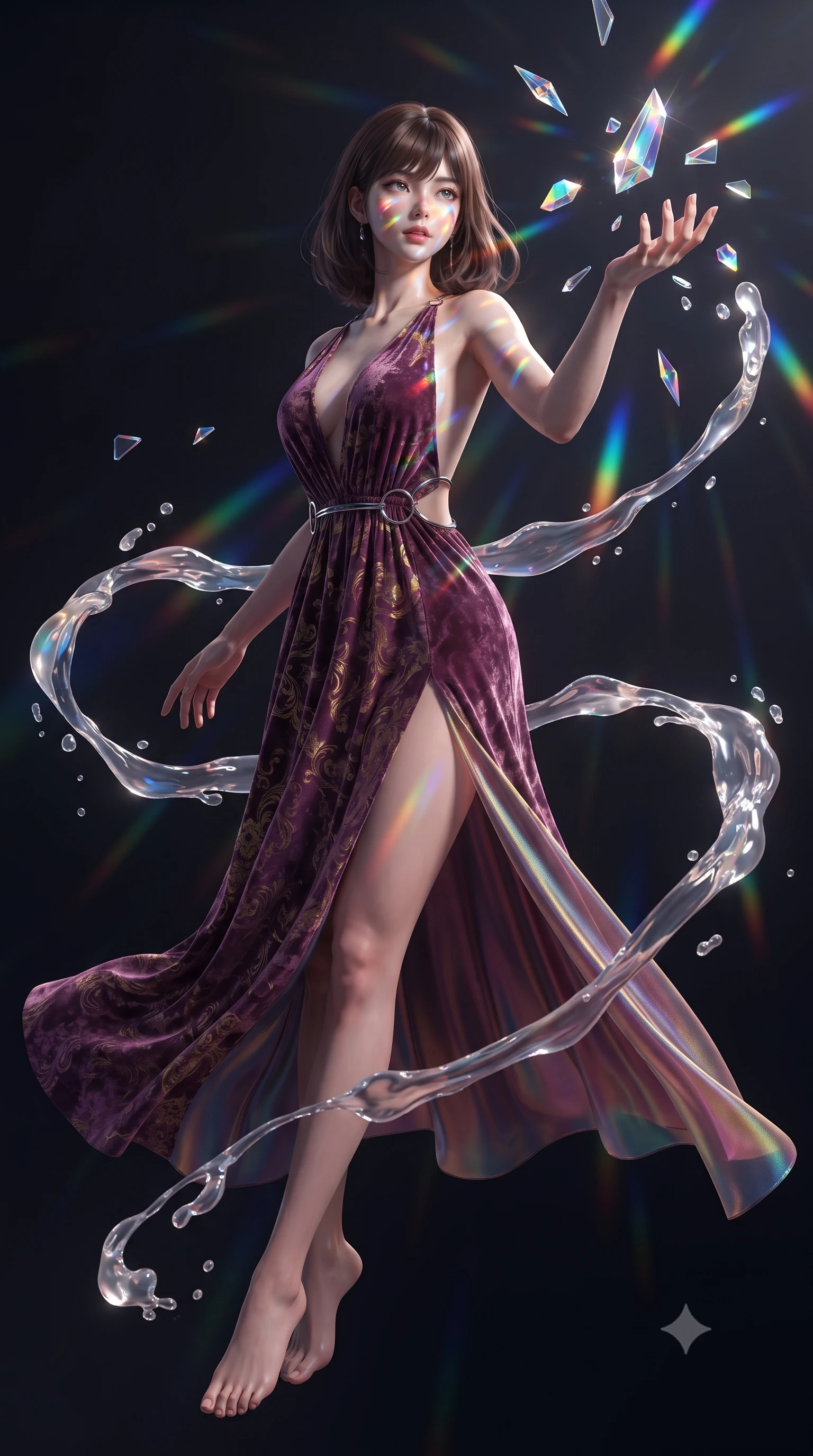 score_9, masterpiece, best quality, ultra-detailed, high-budget anime keyframe, editorial fashion photography, tasteful artistic composition, Korean woman. low angle full-body shot from head to toe showing her feet, filling the entire 9:16 vertical frame with her statuesque presence, stretching her vertical silhouette. performing an athletic mid-air rotation with flawless poise, her vertical silhouette beautifully stretched while reaching her hand forward to catch floating glass kaleidoscope shards hovering in zero-gravity, viscous opal liquid trails swirling around her silhouette in fluid zero-gravity arcs. She has an absolutely perfect, statuesque 8.5-heads proportion, an exceptionally tall and slender model-like female figure with impossibly long slender legs and an ultra-slim waist. sharp v-shaped jawline, high-bridge nose, intricate jewel-like eyes with depth, thick eyelashes, glossy lips with a natural sheen, flawlessly proportioned anatomical accuracy, natural body alignment, perfectly sculpted elegant limbs, clean dynamic posture without body distortion. wearing a backless crushed velvet gown with a deep V-neckline and high thigh slit in plum purple and gold filigree, crafted from iridescent chiffon that shifts colors in the light, accented with delicate chrome ring hardware framing her waist, the elegant draped fit framing her graceful clavicle and slender torso. bathed in brilliant multi-color rainbow light refracting through floating glass prisms. ultra-reflective glossy finish, specular highlights, metallic sheen, high-contrast stereoscopic depth, volumetric dynamic lighting, 2k, ultra detail, master piece, 9:16 ratio