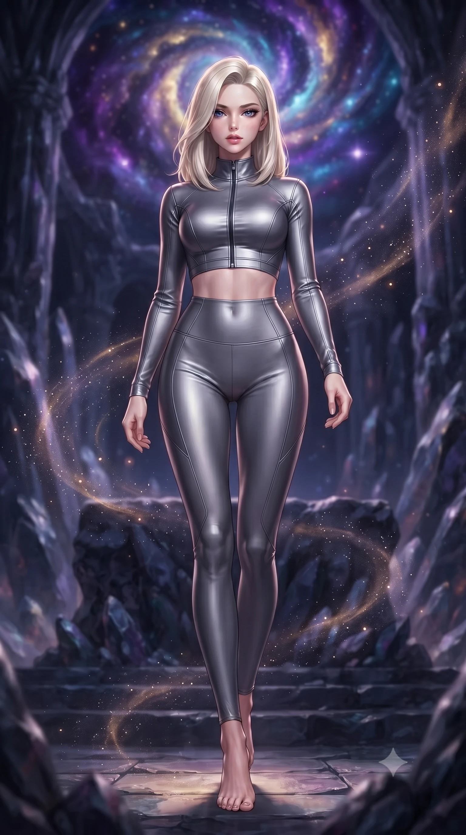 score_9, masterpiece, best quality, ultra-detailed, high-budget anime keyframe, editorial fashion photography, tasteful artistic composition, Caucasian woman. low angle full-body shot from head to toe showing her feet, filling the entire 9:16 vertical frame with her statuesque presence, stretching her vertical silhouette. stepping gracefully through floating stardust particles, her body-contouring suit showing her athletic, slender silhouette, the background shows a soft-focus an obsidian cathedral altar under a swirling cosmic nebula. She has an absolutely perfect, statuesque 8.5-heads proportion, an exceptionally tall and slender model-like female figure with impossibly long slender legs and an ultra-slim waist. sharp v-shaped jawline, high-bridge nose, intricate jewel-like eyes with depth, thick eyelashes, glossy lips with a natural sheen. wearing a tailored body-hugging high-neck activewear set of a zipped long-sleeve crop top and matching leggings in carbon-grey. soft violet and amber starlight casting cozy shadows on the altar stone. ultra-reflective glossy finish, specular highlights, metallic sheen, high-contrast stereoscopic depth, volumetric dynamic lighting, 2k, ultra detail, master piece, 9:16 ratio
