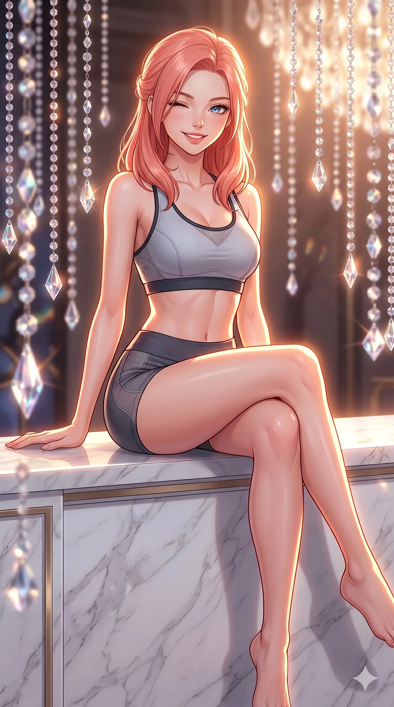 score_9, masterpiece, best quality, ultra-detailed, high-budget anime keyframe, vibrant anime aesthetic, Japanese woman. cowboy shot from the thighs up, character and outfit filling the frame for maximum presence. She is sitting on a marble ledge, winking and smiling cheerfully at the viewer inside a high-fashion set with hanging crystals (Code-P20-114). She has an absolutely perfect 8-heads proportion, an exceptionally tall and slender female figure with impossibly long slender legs and an ultra-slim waist. V-shaped jawline, high-bridge nose, intricate jewel-like eyes with depth, thick eyelashes, glossy lips with a natural sheen. wearing a skin-tight activewear set with sports bra and micro-shorts. She is intense warm rim lights, outlining her 8-heads proportion and V-shaped jawline. 2k, ultra detail, master piece, 9:16 ratio