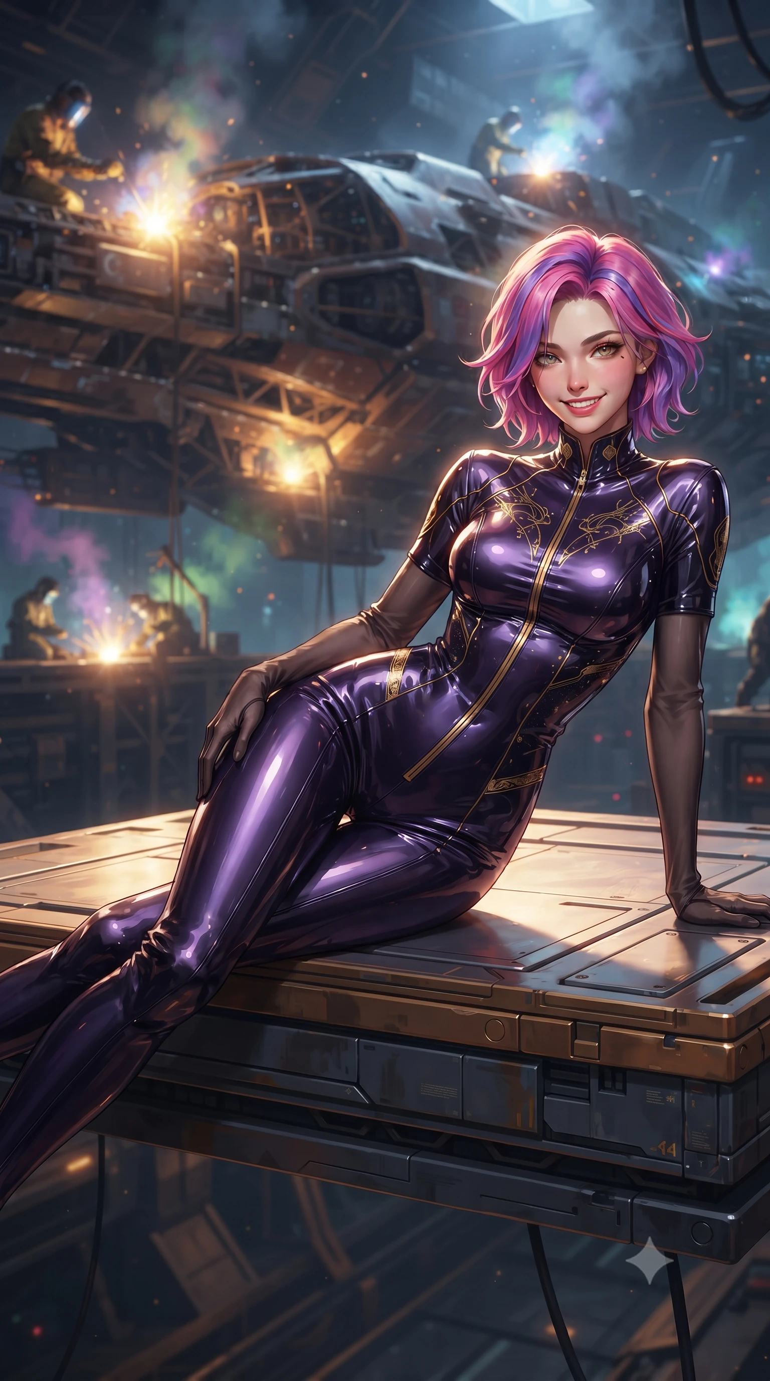 score_9, masterpiece, best quality, ultra-detailed, high-budget anime keyframe, editorial fashion photography, tasteful artistic composition, Caucasian woman. close-up cowboy shot from the waist and thighs up, the character dominates the composition, filling the frame with her large presence. leaning forward while arching her lower back to accentuate her curvy hips, looking into the camera with an intoxicating smoldering gaze and bedroom-eyes while lounging gracefully across the floating inspection platform propped on one elbow with legs extended, displaying her long slender limbs and statuesque hourglass silhouette against the colossal starship hull. The background shows a soft-focus welding vapor haze softened in zero-gravity naval drydock shallow focus. She has an exceptionally elegant, slender, and willowy female figure with an ultra-slim waist, flat toned midriff, narrow ribcage, and sculpted feminine hips creating an alluring, slim hourglass silhouette without bulk. sharp v-shaped jawline, high-bridge nose, intricate jewel-like sparkling eyes with depth, thick eyelashes, glossy parted lips with a natural peach sheen, bright cheerful beaming smile with an enchanting and coquettish sensual glint, exuding both youthful cute charm and seductive allure, flawlessly proportioned anatomical accuracy, strict slender model proportions, natural body alignment, perfectly sculpted long slender limbs, ultra-slim waistline, clean dynamic posture without body distortion. wearing a form-fitting orbital flight command jumpsuit in dark purple liquid satin with a high collar, contouring tightly to her narrow waist and feminine hips in solar-wind gold and deep space void black, tailored from high-gloss patent leather with mirror-like specular highlights, complemented by sheer opera-length evening gloves tracing her slender arms, the impeccably tailored cut draping gracefully along her slender figure with aristocratic poise. bathed in high-contrast golden welding arcs contrasted with deep obsidian shadow gradients and starlight. ultra-reflective glossy finish, specular highlights, rich textural contrasts, high-contrast stereoscopic depth, volumetric dynamic lighting, 2k, ultra detail, master piece, 9:16 ratio