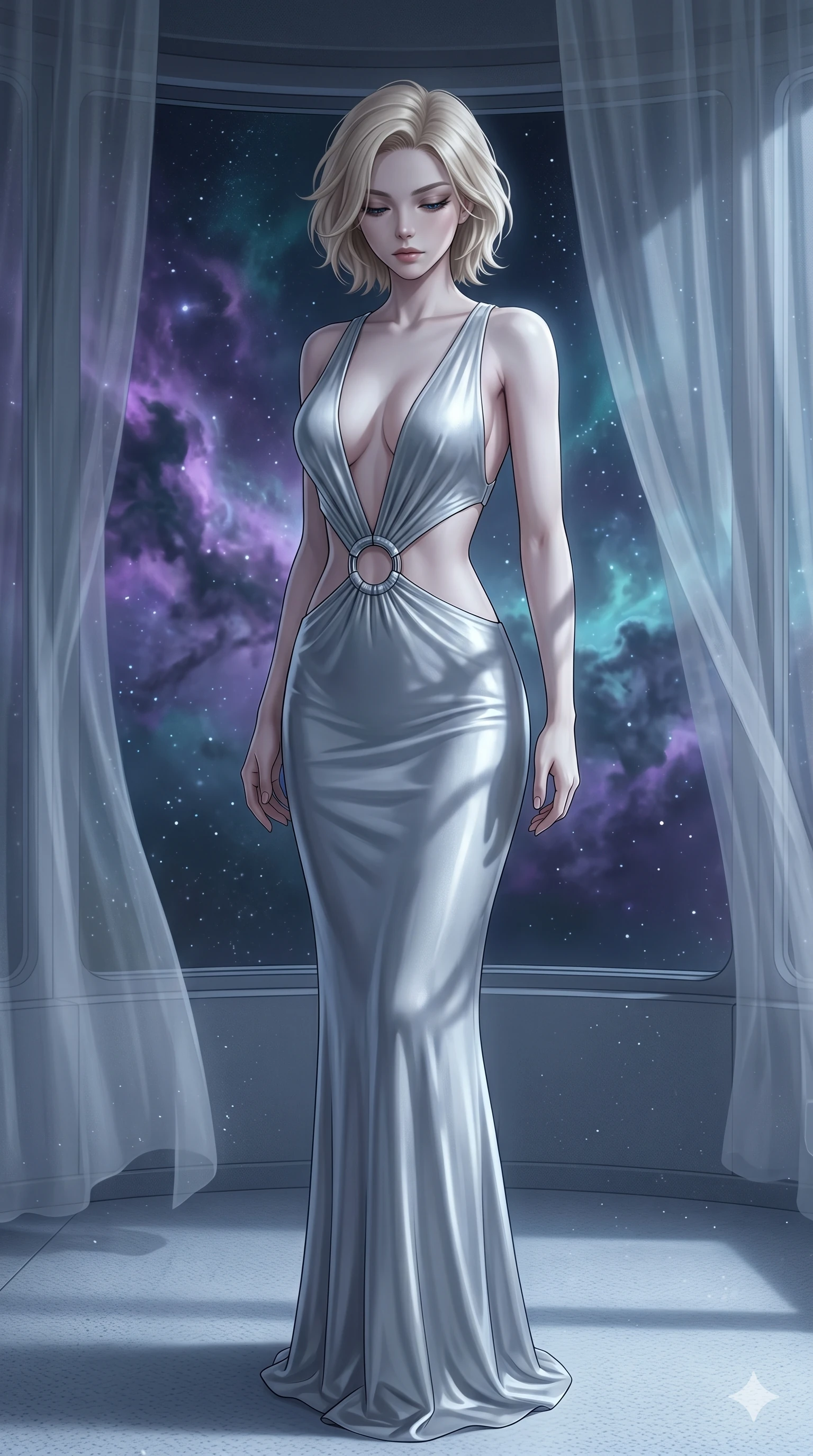 score_9, masterpiece, best quality, ultra-detailed, high-budget anime keyframe, editorial fashion photography, tasteful artistic composition, Japanese woman. cowboy shot from the thighs up, character and outfit filling the frame for maximum editorial presence. Looking down with lowered lashes and a composed, powerful expression inside a deep-space observatory with nebula clouds of violet and teal drifting past panoramic windows. She has an absolutely perfect 8-heads proportion, an exceptionally tall and slender female figure with impossibly long slender legs and an ultra-slim waist. V-shaped jawline, high-bridge nose, intricate jewel-like eyes with depth, thick eyelashes, glossy lips with a natural sheen. wearing a deep plunging-V neck maxi dress in liquid silver jersey with a bold open-back, an architectural waist cutout framed by chrome ring hardware, and a body-contouring fit all the way to the floor. bathed in cold silver moonlight filtered through translucent gossamer curtains casting soft shadows on her curves. 2k, ultra detail, master piece, 9:16 ratio