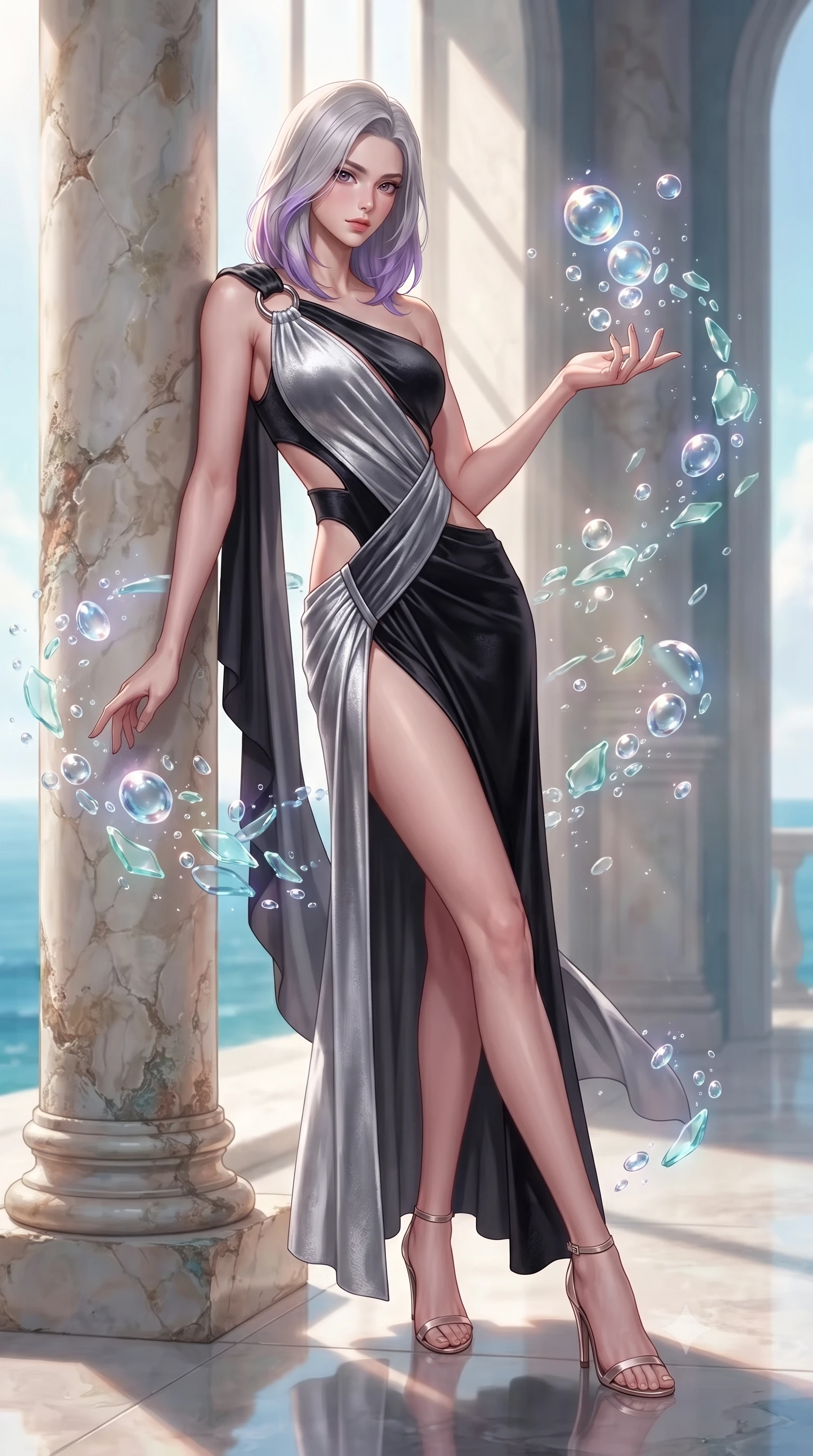 score_9, masterpiece, best quality, ultra-detailed, high-budget anime keyframe, editorial fashion photography, tasteful artistic composition, Caucasian woman. low angle full-body shot from head to toe showing her feet, filling the entire 9:16 vertical frame with her statuesque presence, stretching her vertical silhouette. interacting gracefully with the magical floating elements while maintaining a confident posture resting against an antique marble pillar as gentle sea bubbles rise around her, translucent sea glass fragments drifting gracefully around her. She has an absolutely perfect, statuesque 8.5-heads proportion, an exceptionally tall and slender model-like female figure with impossibly long slender legs and an ultra-slim waist. sharp v-shaped jawline, high-bridge nose, intricate jewel-like eyes with depth, thick eyelashes, glossy lips with a natural sheen. wearing an asymmetrical Grecian draped chiffon gown with a metallic shoulder ring in matte black and polished silver, made of premium stretch velvet with a rich sheen, featuring clean architectural cutouts along her slender torso, the form-contouring material highlighting her ultra-slim waist and long lines. lit by clear sun-drenched sea light with soft ethereal shadows. highly saturated vibrant anime colors, detailed shading with soft gradients, rich glossy textures, high-contrast stereoscopic depth, volumetric dynamic lighting, master piece, 9:16 ratio