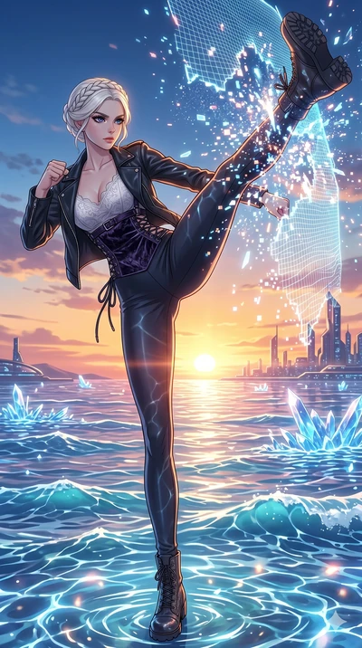 score_9, masterpiece, best quality, ultra-detailed, High-budget Anime Keyframe, vibrant colors, fluid line-art, expressive lighting, cinematic composition, Ufotable-style visual effects, top-tier animation quality, Caucasian woman with pale skin, blo
