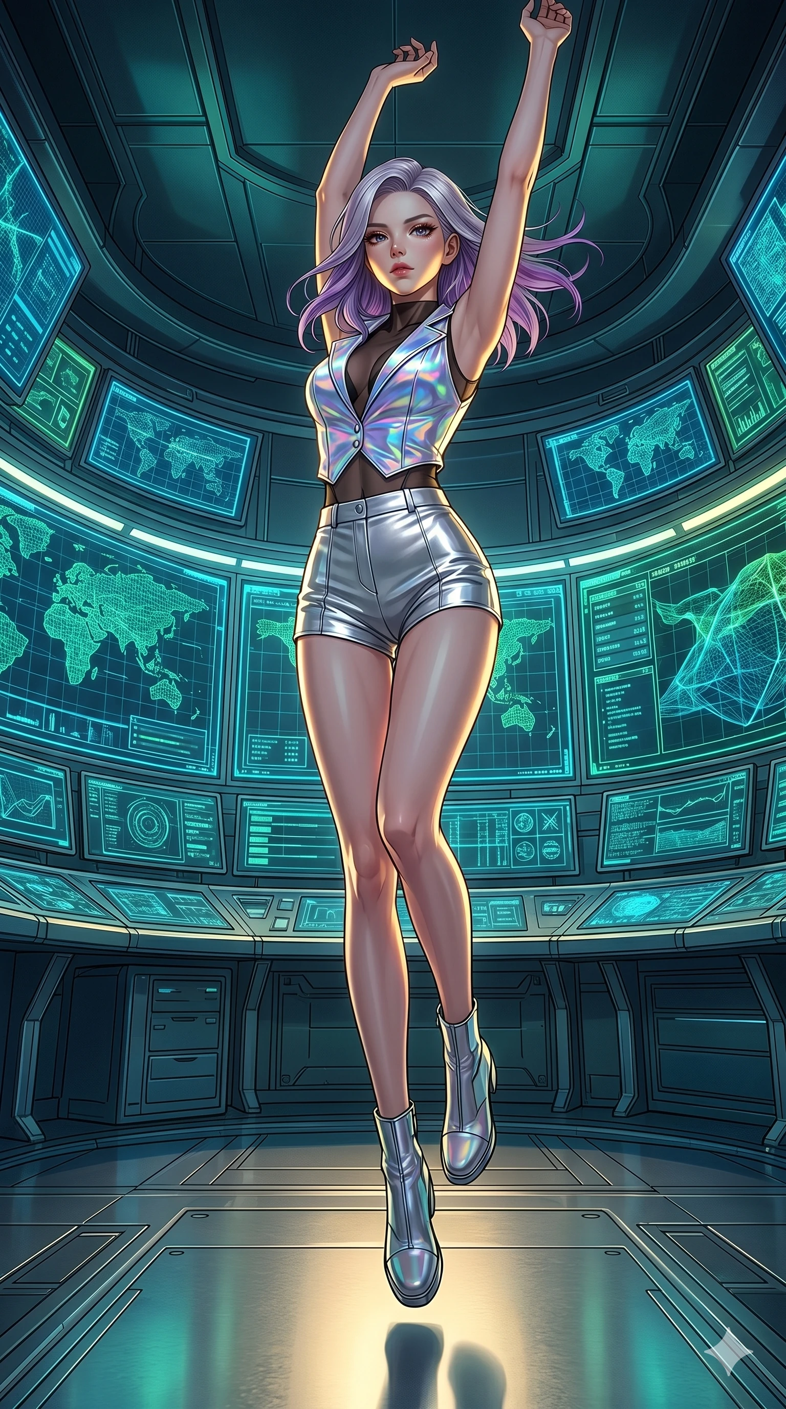 score_9, masterpiece, best quality, ultra-detailed, high-budget anime keyframe, editorial fashion photography, tasteful artistic composition, Caucasian woman, strictly human ears. low angle full-body shot from head to toe showing her feet, filling the entire 9:16 vertical frame with her statuesque presence, stretching her vertical silhouette. Leaping upward with both arms extended overhead, body fully extended within a high-tech control room with walls of curved monitors showing wireframe maps. She has an absolutely perfect 8-heads proportion, an exceptionally tall and slender female figure with impossibly long slender legs and an ultra-slim waist. V-shaped jawline, high-bridge nose, intricate jewel-like eyes with depth, thick eyelashes, glossy lips with a natural sheen. wearing a structured vest in holographic fabric with a deep neckline, paired with silver metallic high-waist tailored micro-shorts. lit by dramatic chiaroscuro with a single golden key light carving her facial contours and figure. 2k, ultra detail, master piece, 9:16 ratio