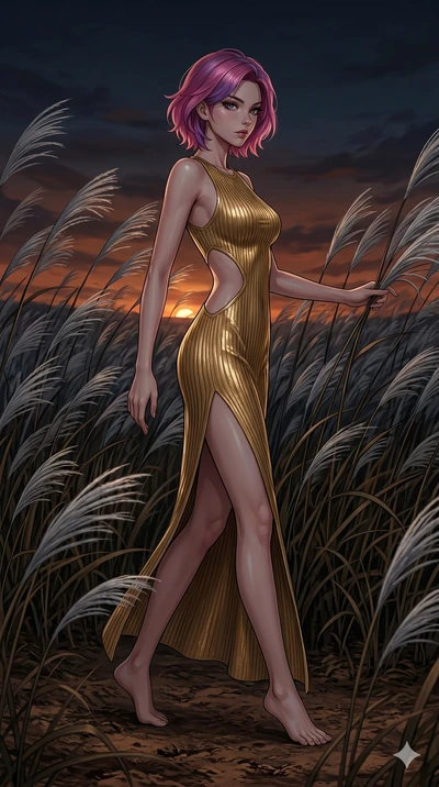 score_9, masterpiece, best quality, ultra-detailed, High-budget Anime Keyframe, East Asian woman. Dynamic full-body shot stretching the vertical silhouette to the limit. Scenario 18: Walking through a field of tall silver grass at twilight. Her prese