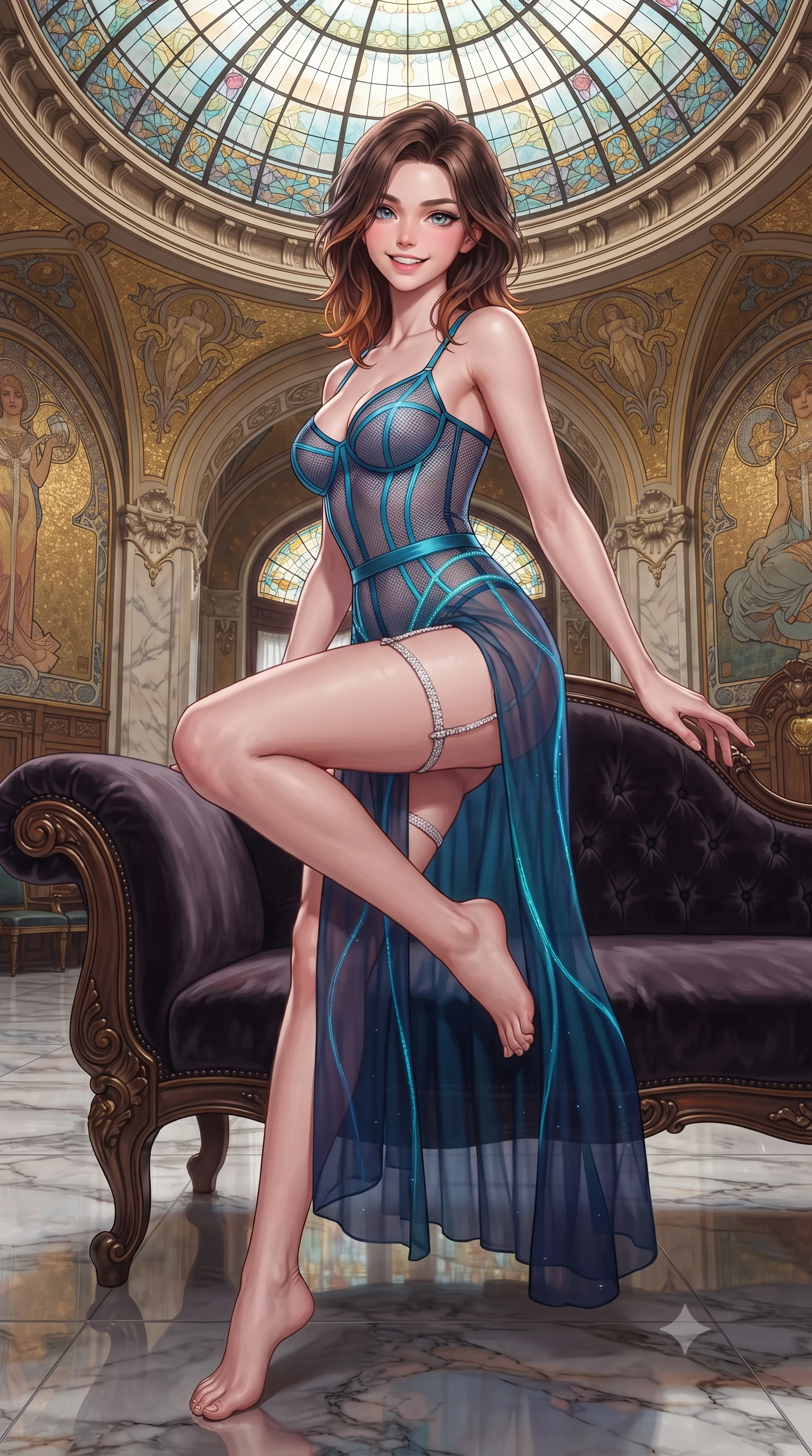 score_9, masterpiece, best quality, ultra-detailed, high-budget anime keyframe, editorial fashion photography, tasteful artistic composition, Korean woman. close-up cowboy shot from the waist and thighs up, the character dominates the composition, filling the frame with her large presence. perched sideways on the lounge seat, one knee drawn up to showcase her slender leg line while her arched back accentuates her feminine hip curve while standing poised on the polished marble floor beneath the sweeping Art Nouveau stained-glass dome, arching her back with siren elegance as Alphonse Mucha-style gilded mosaics shimmer. The surrounding environment is rendered in vivid detail and crisp panoramic clarity: detailed garment folds, intricate lace or tailored seams, and master Secessionist craft in razor-sharp precision. She has an exceptionally elegant, slender, and willowy female figure with an ultra-slim waist, flat toned midriff, narrow ribcage, and sculpted feminine hips creating an alluring, slim hourglass silhouette without bulk. sharp v-shaped jawline, high-bridge nose, intricate jewel-like sparkling eyes with depth, thick eyelashes, glossy parted lips with a natural peach sheen, bright cheerful beaming smile with an enchanting and coquettish sensual glint, exuding both youthful cute charm and seductive allure, flawlessly proportioned anatomical accuracy, strict slender model proportions, natural body alignment, perfectly sculpted long slender limbs, ultra-slim waistline, clean dynamic posture without body distortion. wearing a provocative translucent mesh corset bodice with boned satin channels paired with a sheer chiffon wrap maxi skirt in Maldivian bioluminescent electric cyan and midnight indigo, woven from fine semi-opaque stretch illusion mesh tracing her slender contours, finished with delicate crystal-encrusted thigh garter straps glinting in the dim light, the glove-like clinging cut tightly following the natural contour of her hips and long slender legs with youthful 8.5-heads elegance. illuminated by marble floor reflection bounce and sharp rose-gold rim lights sculpting her jawline, narrow waist, and curvy hips. ultra-reflective glossy finish, specular highlights, rich textural contrasts, high-contrast stereoscopic depth, volumetric dynamic lighting, 2k, ultra detail, master piece, 9:16 ratio