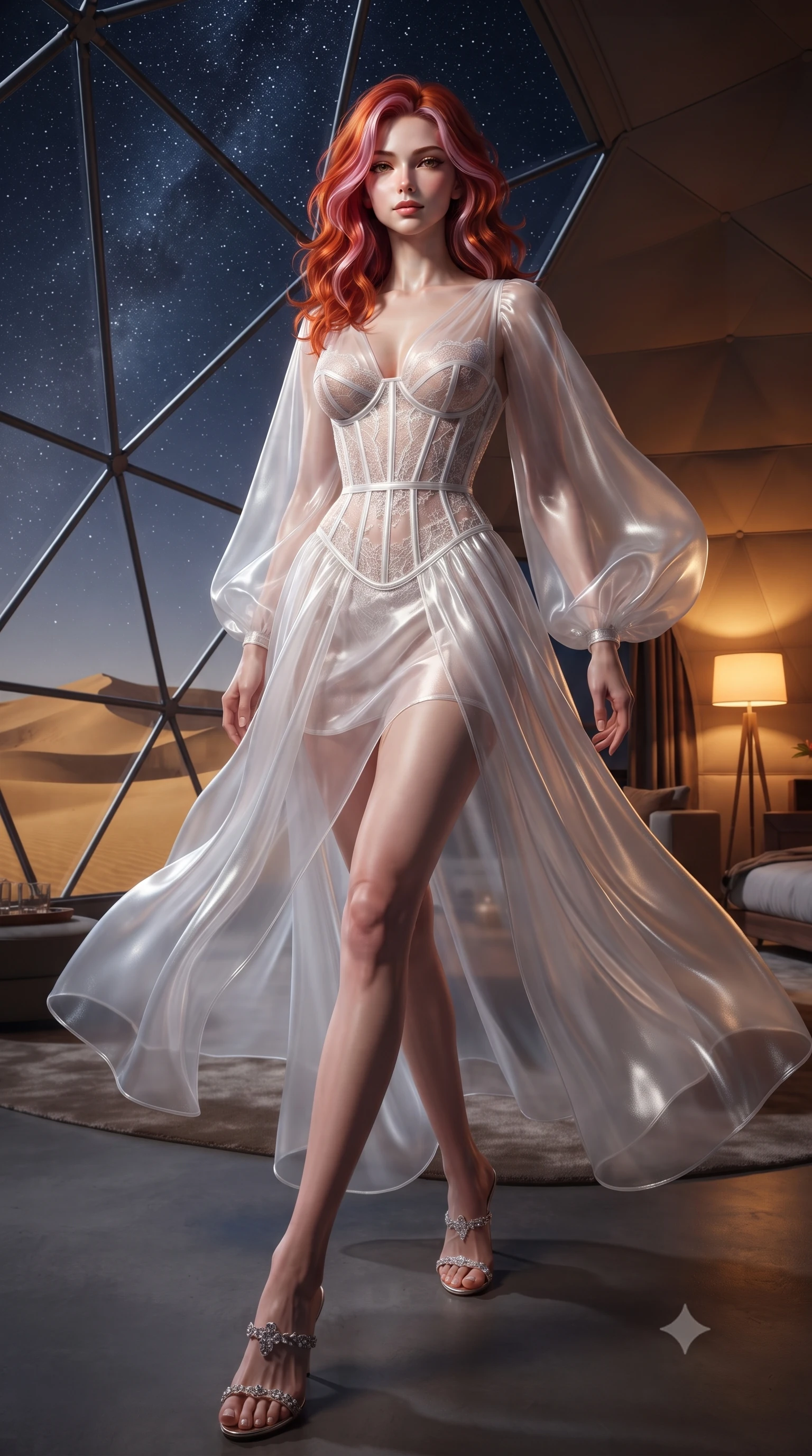 score_9, masterpiece, best quality, ultra-detailed, high-budget anime keyframe, editorial fashion photography, tasteful artistic composition, Caucasian woman woman. low angle full-body shot from head to toe showing her feet, filling the entire 9:16 vertical frame with her statuesque presence, stretching her vertical silhouette. She has an absolutely perfect, statuesque 8.5-heads proportion, an exceptionally tall and slender model-like female figure with impossibly long slender legs and an ultra-slim waist. stepping gracefully forward in a proud statuesque stride, her body turning in a fluid S-curve silhouette, flawlessly proportioned anatomical accuracy, natural body alignment, perfectly sculpted elegant limbs, clean dynamic posture without body distortion. set against a soft-focus background of a luxury eco-dome suite in a golden sand desert under stars. wearing a translucent white organdy veil dress with an architectural structured corset and lace panels. bathed in cool silver starlight contrasting with warm interior amber reading lamps. ultra-reflective glossy finish, specular highlights, metallic sheen, high-contrast stereoscopic depth, volumetric dynamic lighting, 2k, ultra detail, master piece, 9:16 ratio